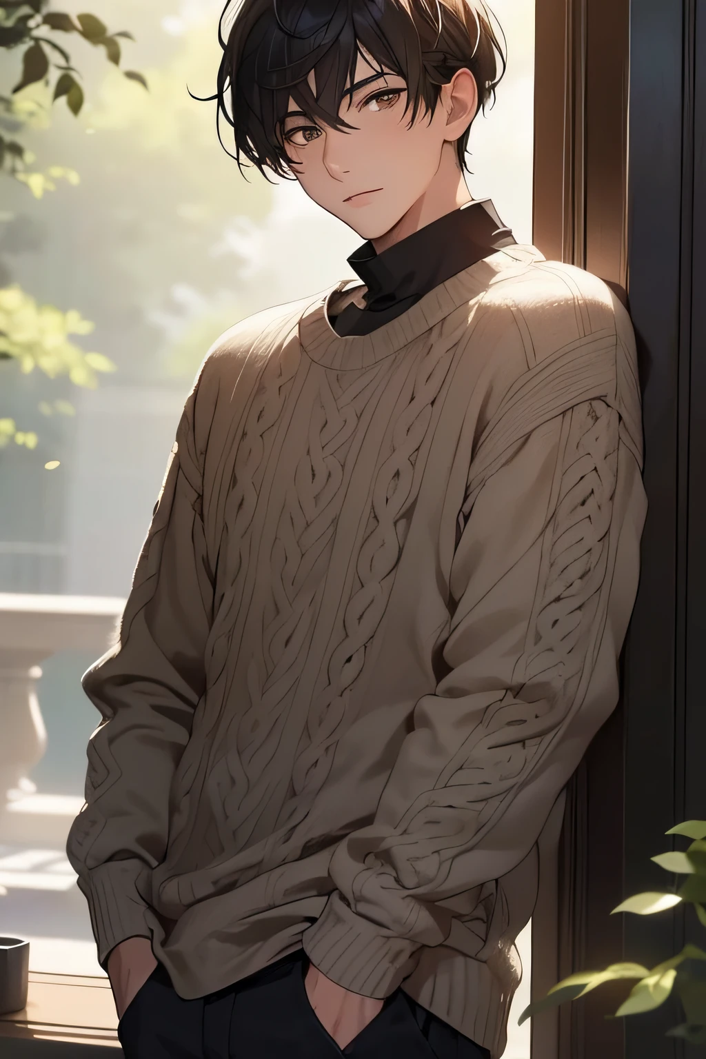 masutepiece, of the highest quality, 1 man, Mature, A tall man, beautiful green forest, forest, A young man, Short hair, black hair with gray highlights, Brown eyes, Soft expression, Beautiful young man, White knitted sweater, Breathtaking, GM,