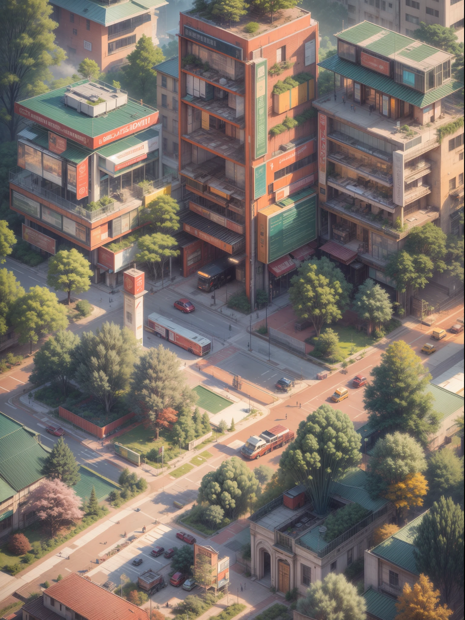 Generate a surreal landscape blending elements of a bustling city and a serene forest using AI