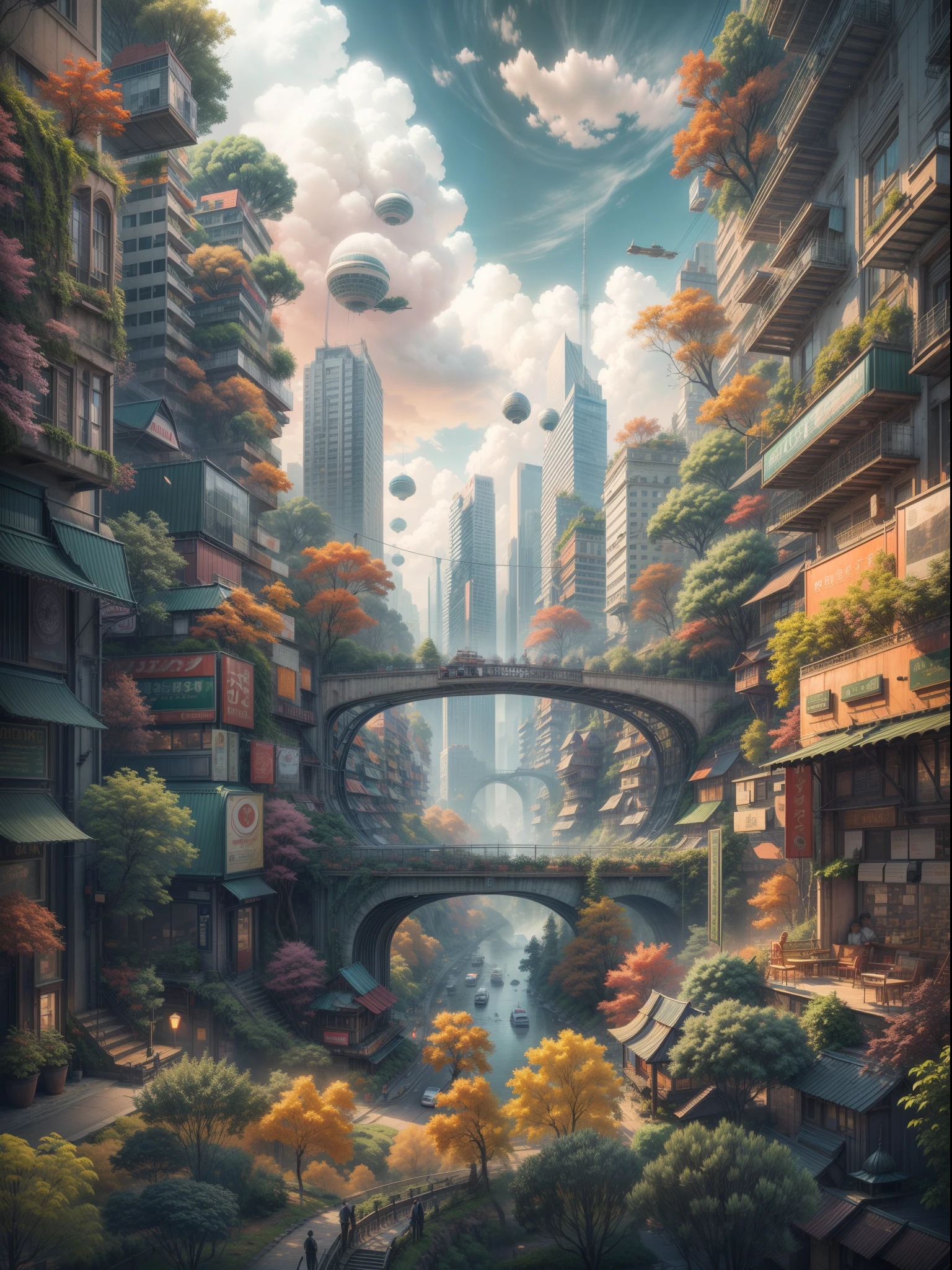 Generate a surreal landscape blending elements of a bustling city and a serene forest using AI