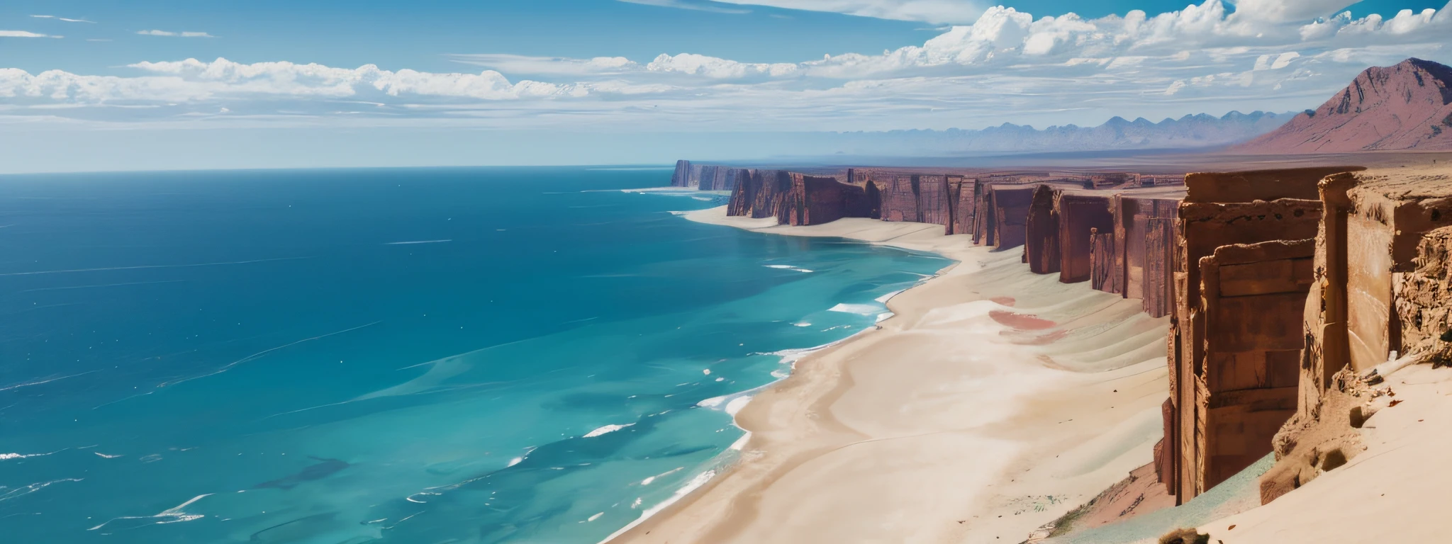 ocean and desert mountain, blue skies, sea border,