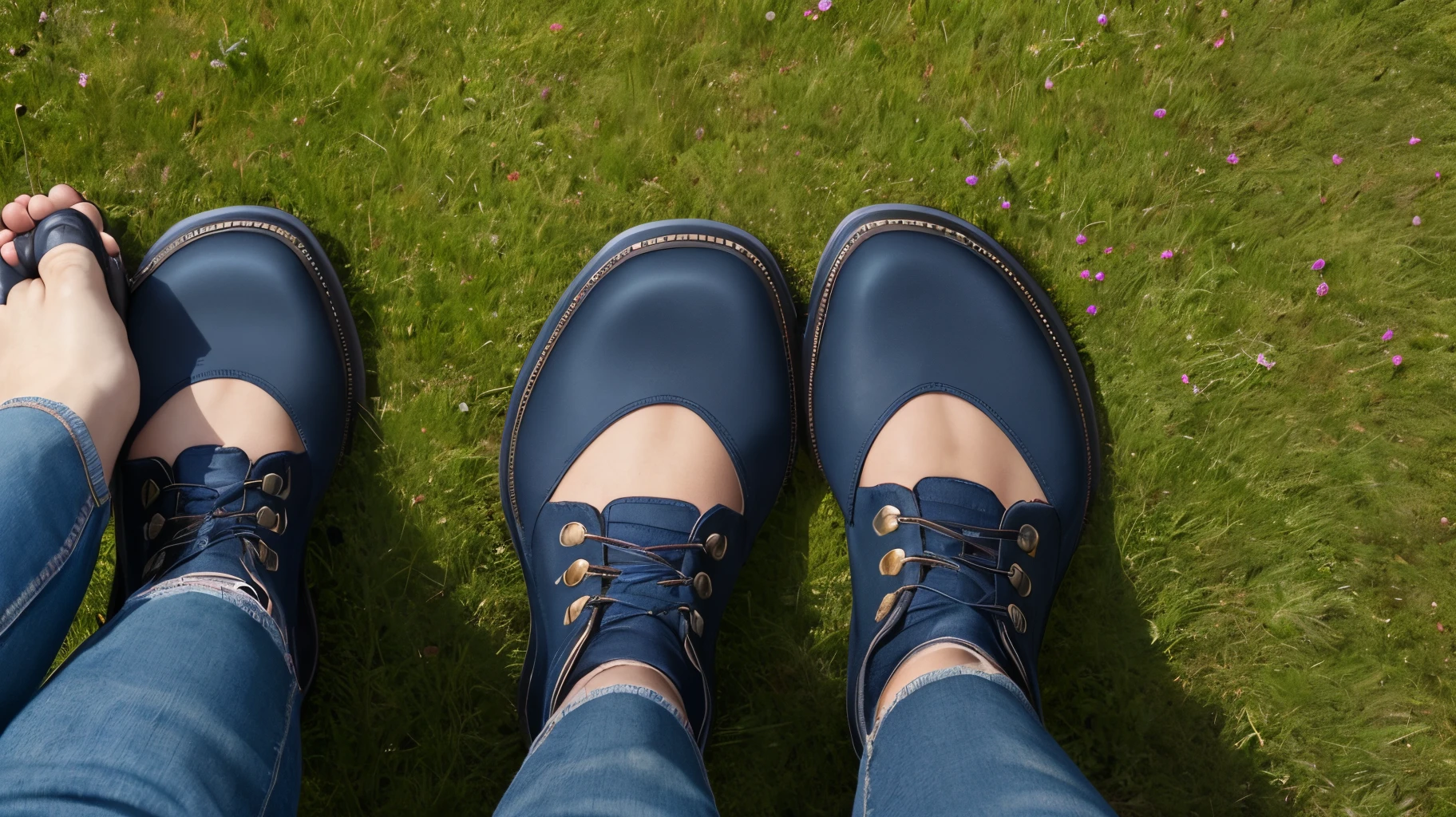 Top down view of heavily tattooed feet standing on grass