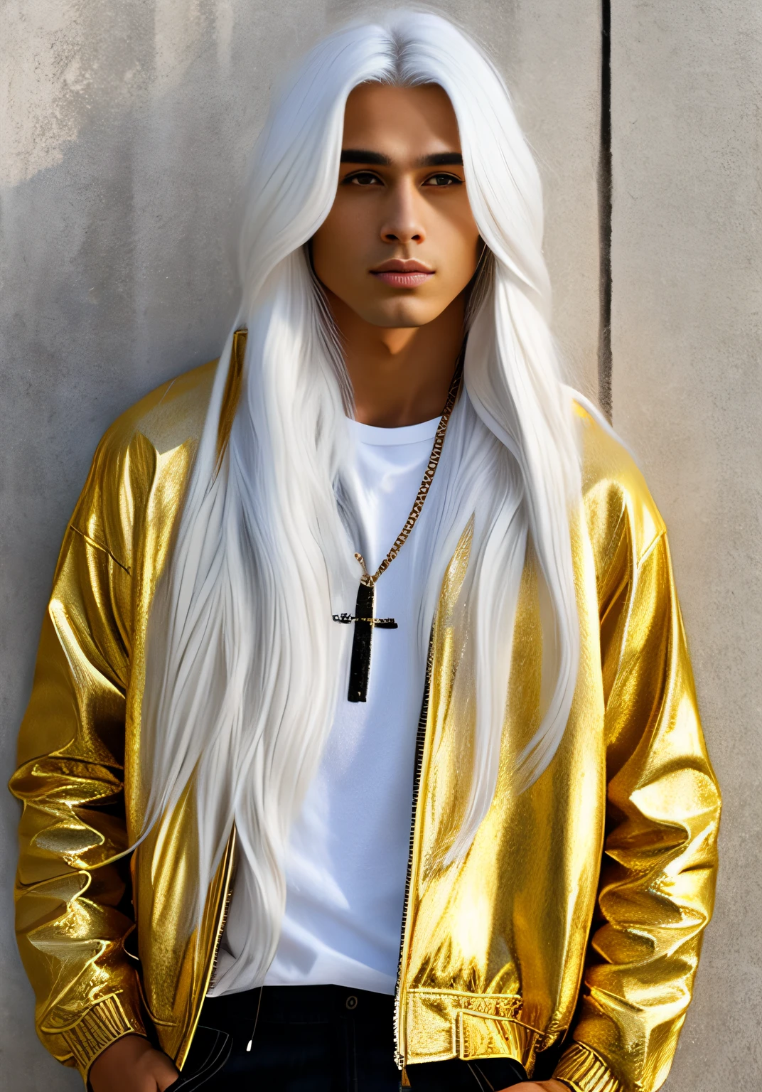 long white hair, golden jacket