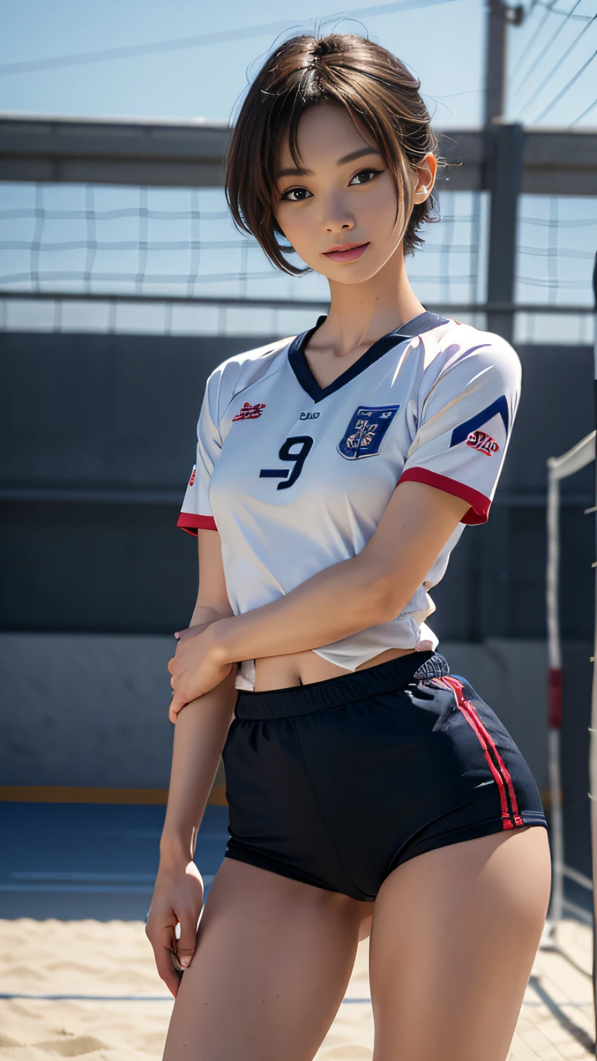 1womanl, Solo, 25-years old, 7headed body, (cute face), (Ideal ratio body proportions), Match venue、Volleyball Court, Wearing a volley ball uniform, Short pants,A smile, short-hair, Golden hair、A slender, Small buttocks, beauty legs, Skinny Legs, low angles、frombelow、surrealism, Cinematic lighting, depth of fields, One-person viewpoint, F/1.8, 135 mm, nffsw, masutepiece, ccurate, ((Anatomically correct)), Textured skin, Super Detail, high details, High quality,, Best Quality, hight resolution, 8K