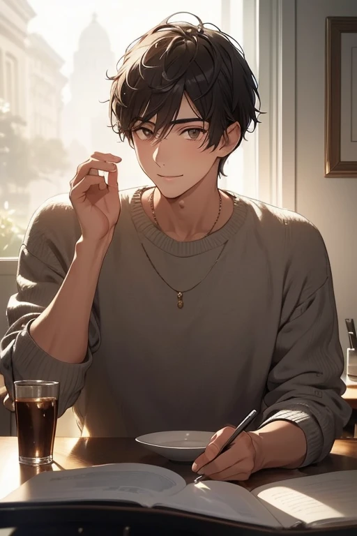 masterpiece, top quality, 1 man, mature, tall man, beautiful gleen forest, forest, young man, short hair, black hair with grey highlights, brown eyes, soft expression, beautiful young man, gentle smile ,white knit sweater, breathtaking, gms,