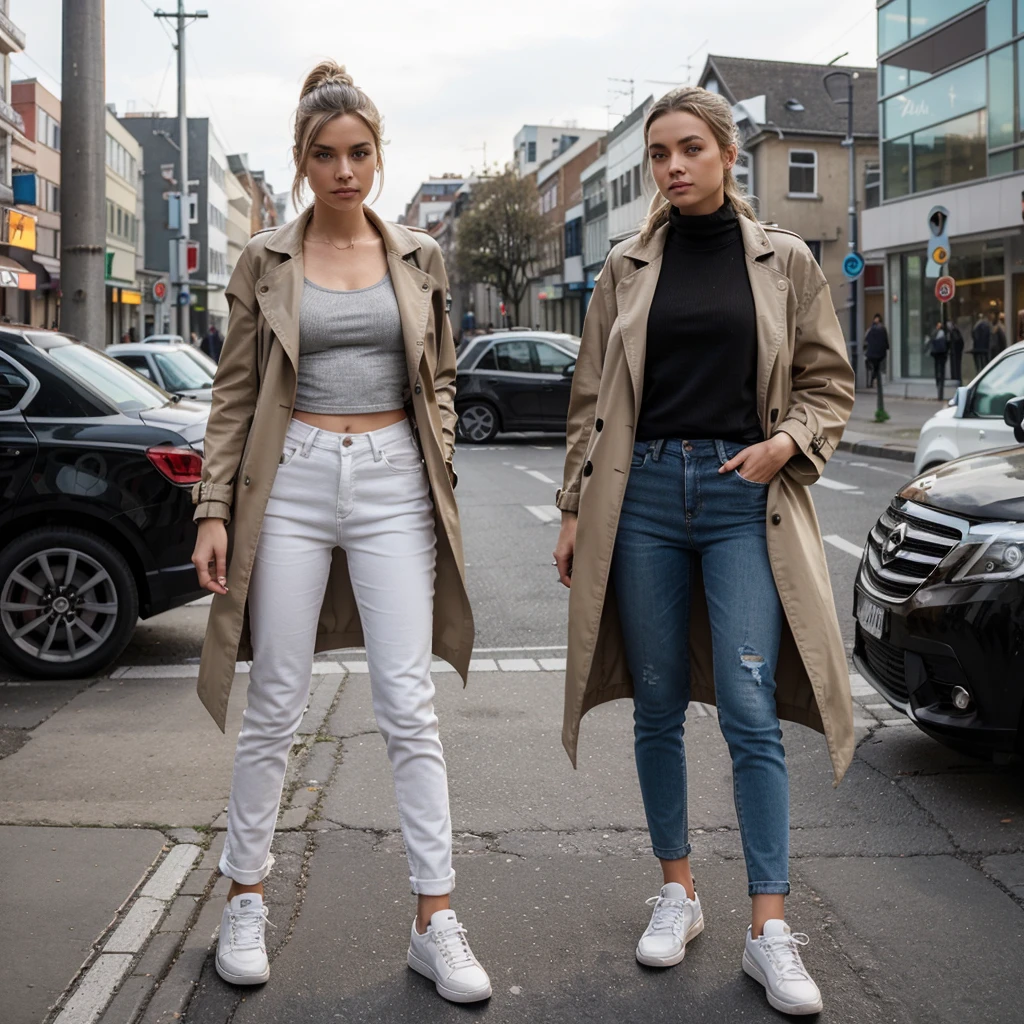 A stylish woman in an urban outfit stands on the busy side of the street. She is wearing slim jeans, Die ihre schlanke Silhouette betont, and combines it with a locker, aber chicen Blusentop. Ein leichter Trenchcoat rundet ihren Look ab, while she casually stands on a street corner. Ihre Sneakers verleihen dem Ensemble eine entspannte Note, and a chic shoulder bag completes the urban style. Die Stadt'Die lebendige Kulisse verleiht dem modernen Erscheinungsbild einen dynamischen Hintergrund.
