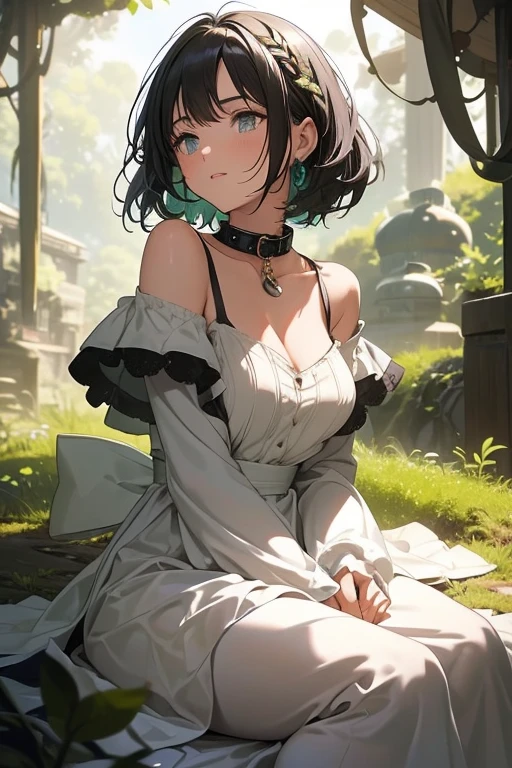 masterpiece, best quality, one girl, beautiful girl, beautiful gleen forest, forest, woman wearing slave collar, chaste woman, short hair, really fluffy hair, black hair with grey highlights, green eyes, hair blowing in the wind, look up at the front, look of confusion, white dress, breathtakingly beautiful, gms,