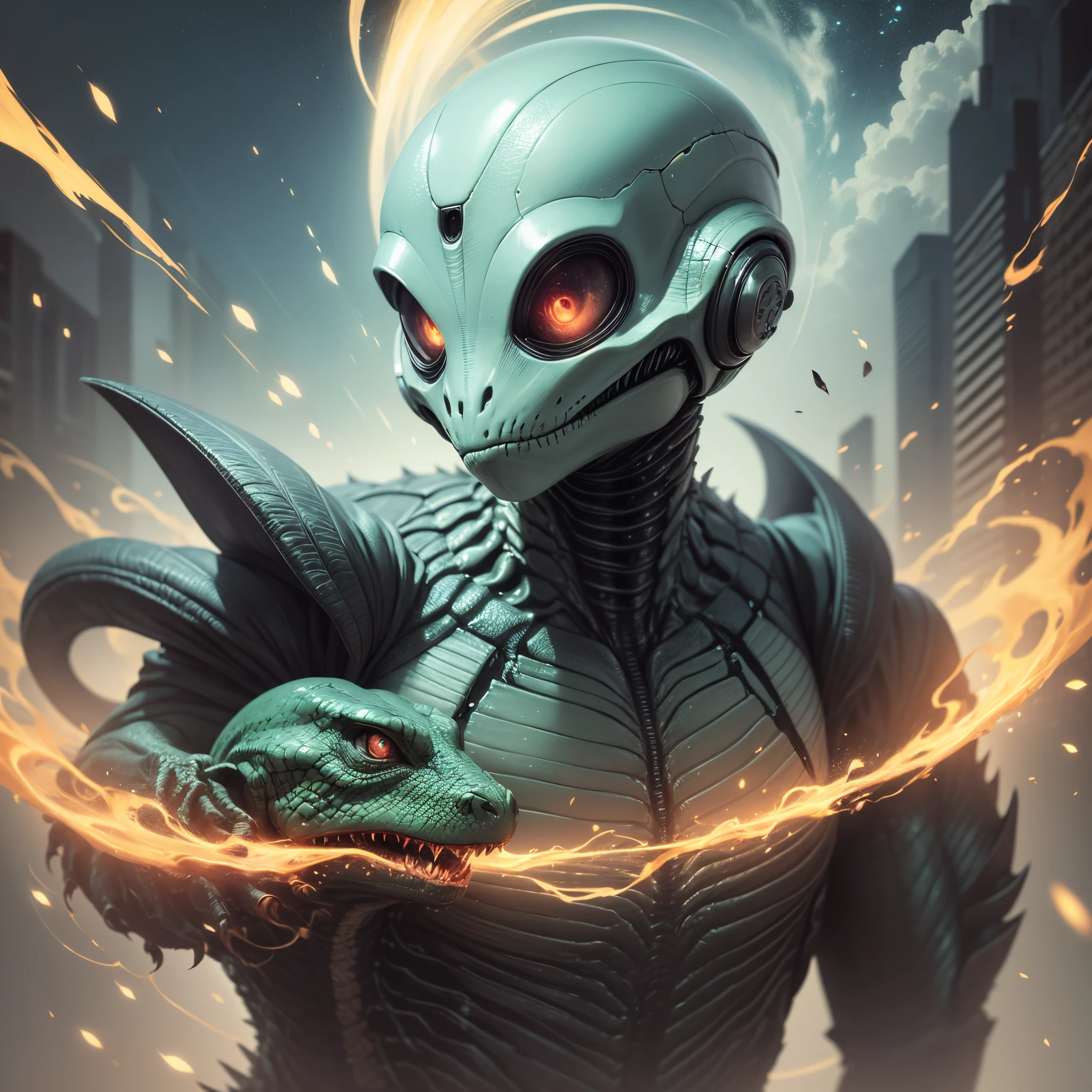 In ink and colored style, a stylized art of " bones and skeletone of alien and predator" in cables , in lot of colored dust powder
