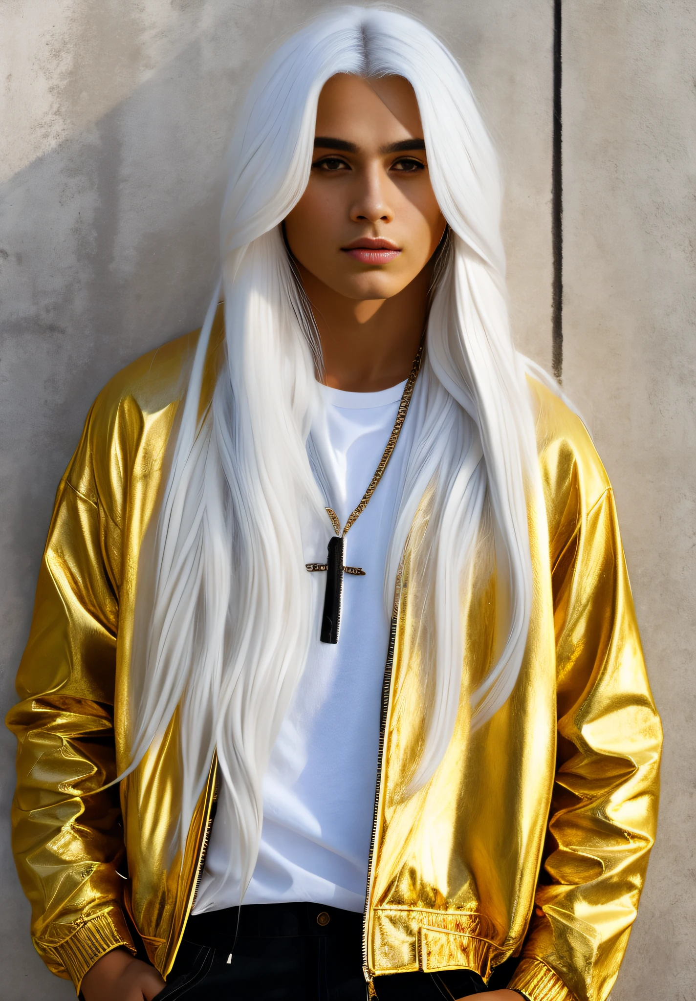 long white hair, golden jacket