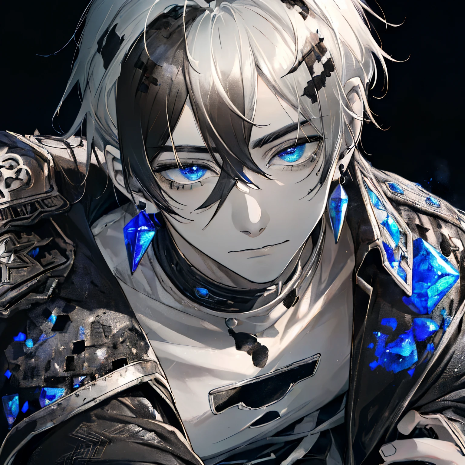 ((A ruined city full of rubble)),(After the war),((Vast landscape full of rubble)),(boy wearing tattered clothes),((Mixed silver and black hair stained with soot)),(Lifeless eyes),((sit on the ground holding both knees)),((Look up as if glaring)),(deadpan),((Dark and cloudy lapis lazuli eyes)),((Monochrome world)),((black and gray and white and brown)),((close up of face))