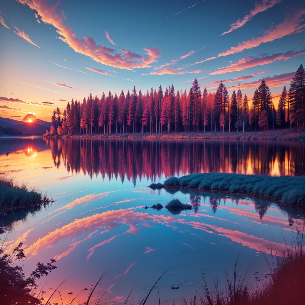 there is a beautiful sunset with a lake and trees in the background, colorful skies, surreal colors, colorful sunset, colorful sky, marvellous reflection of the sky, stunning sky, dream like atmosphere 8k, colorful clouds, colors reflecting on lake, surreal sky, red and blue reflections, fire reflection, beautiful sky, beautiful and spectacular dusk, beautiful dreamy landscape, amazing sky