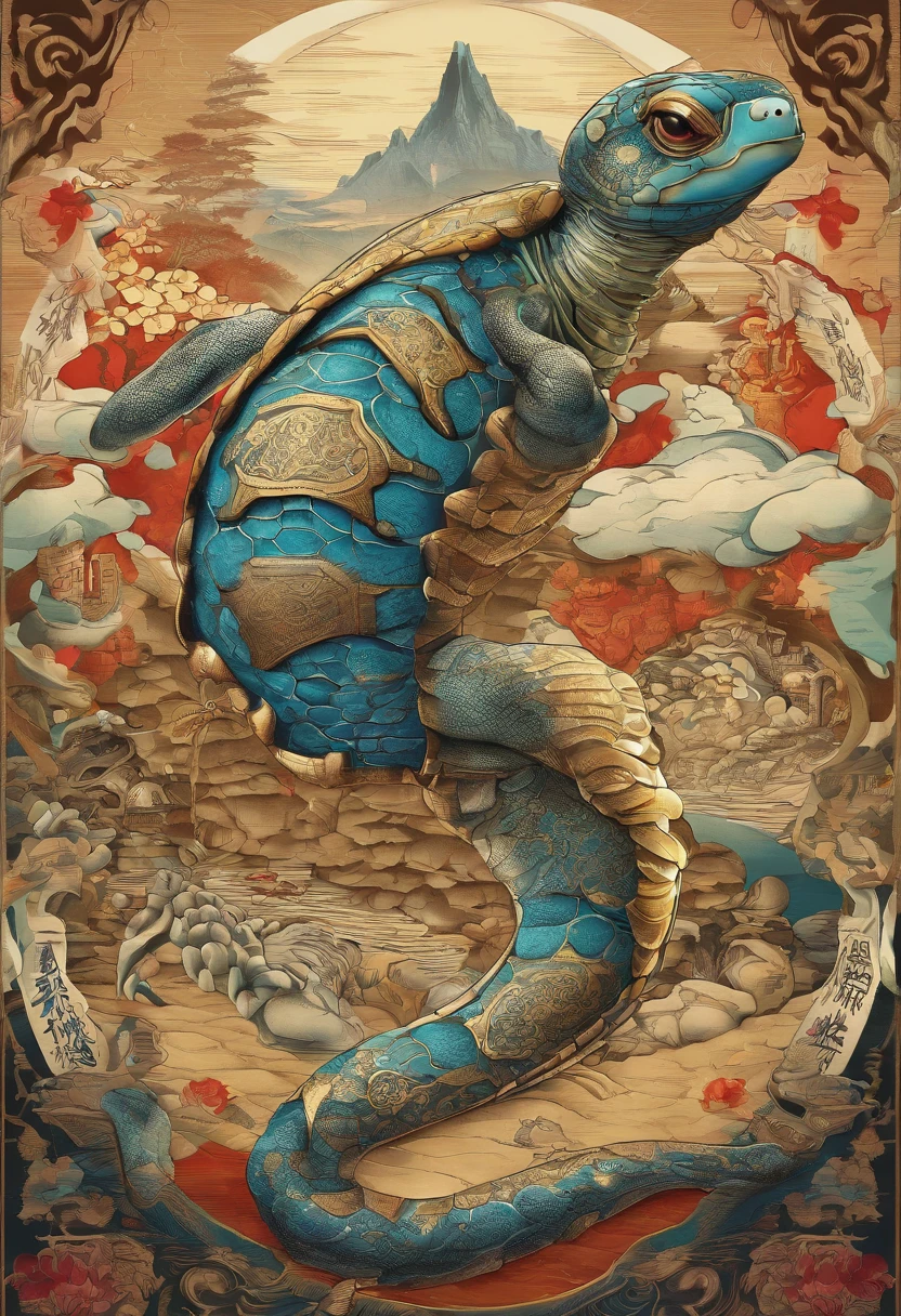 (tmasterpiece,high qulity,hyper HD,16k：1.3)mythological beasts,Turtle and snake fusion,faucet,carapace, quadrupedal,wings,火焰,mystical colors,eastern style,Traditional cultural elements