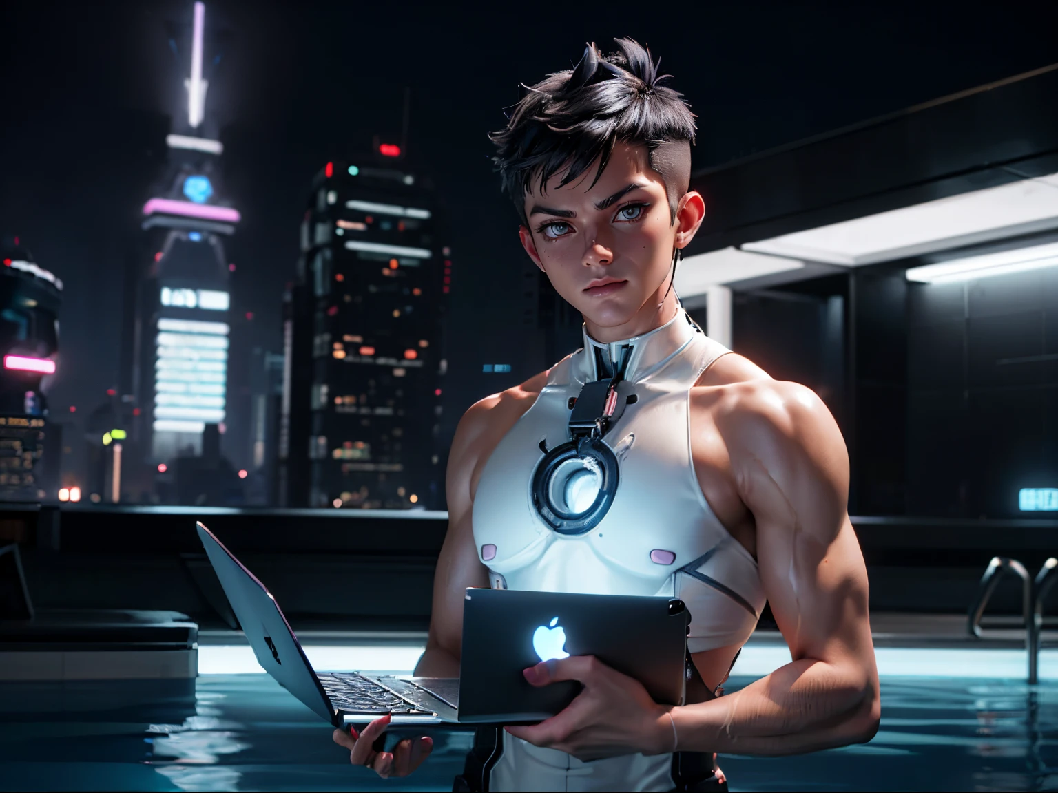 (Rooftop Pool)、(holding a macbook underwater)、(man with black hair with short shaved sides)、white futuristic shorts、Upper body naked、(holding a MacBook in hand)、Futuristic Cyberpunk City、The background is a huge cyberpunk tower that emits blue light、deep in the night、(aerial shot)