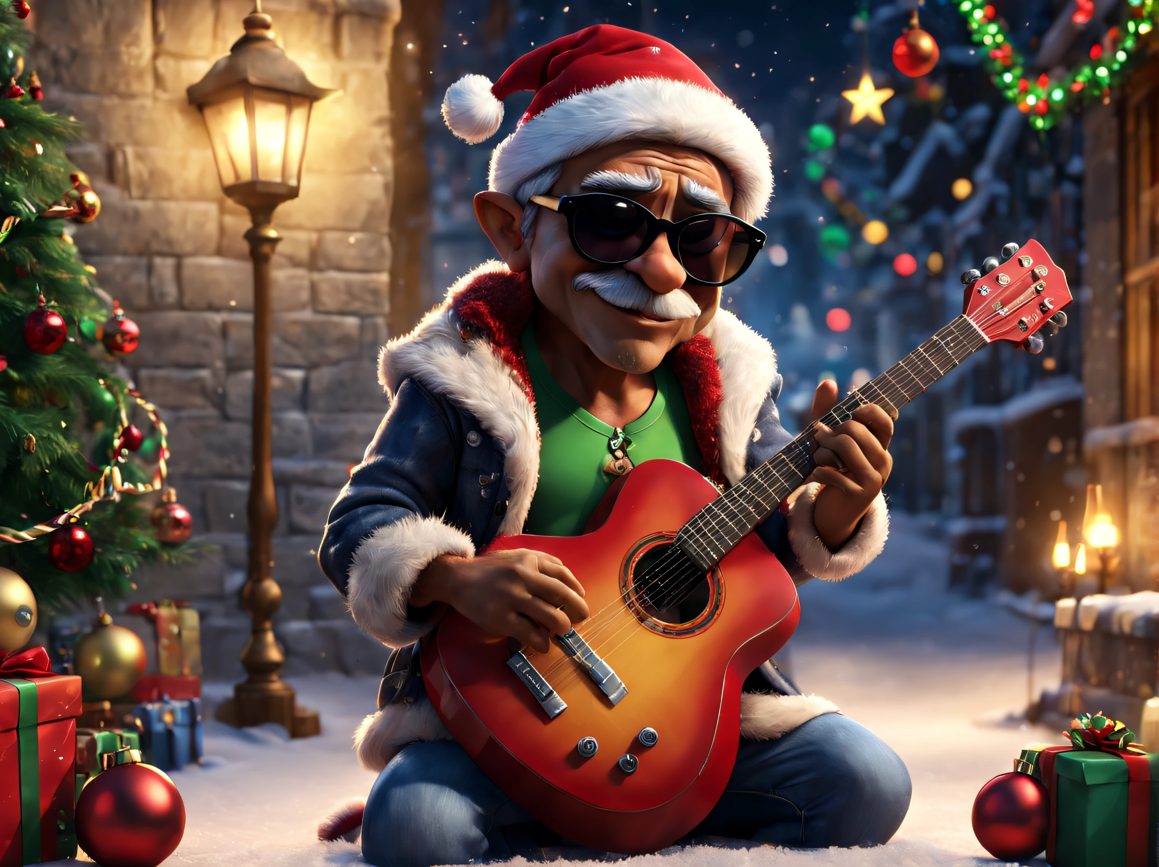 illuminations, The main part, photorealistic 3d render, Disney Pixar style, Uma Pedra Papai Noel Aparese, plays the guitar, wears dark glasses，Unique styling combines the magic of Christmas with the rebellious style of rock &#39;n&#39; roll &#39;n&#39; volume. 8k ultra high definition. Cinematic