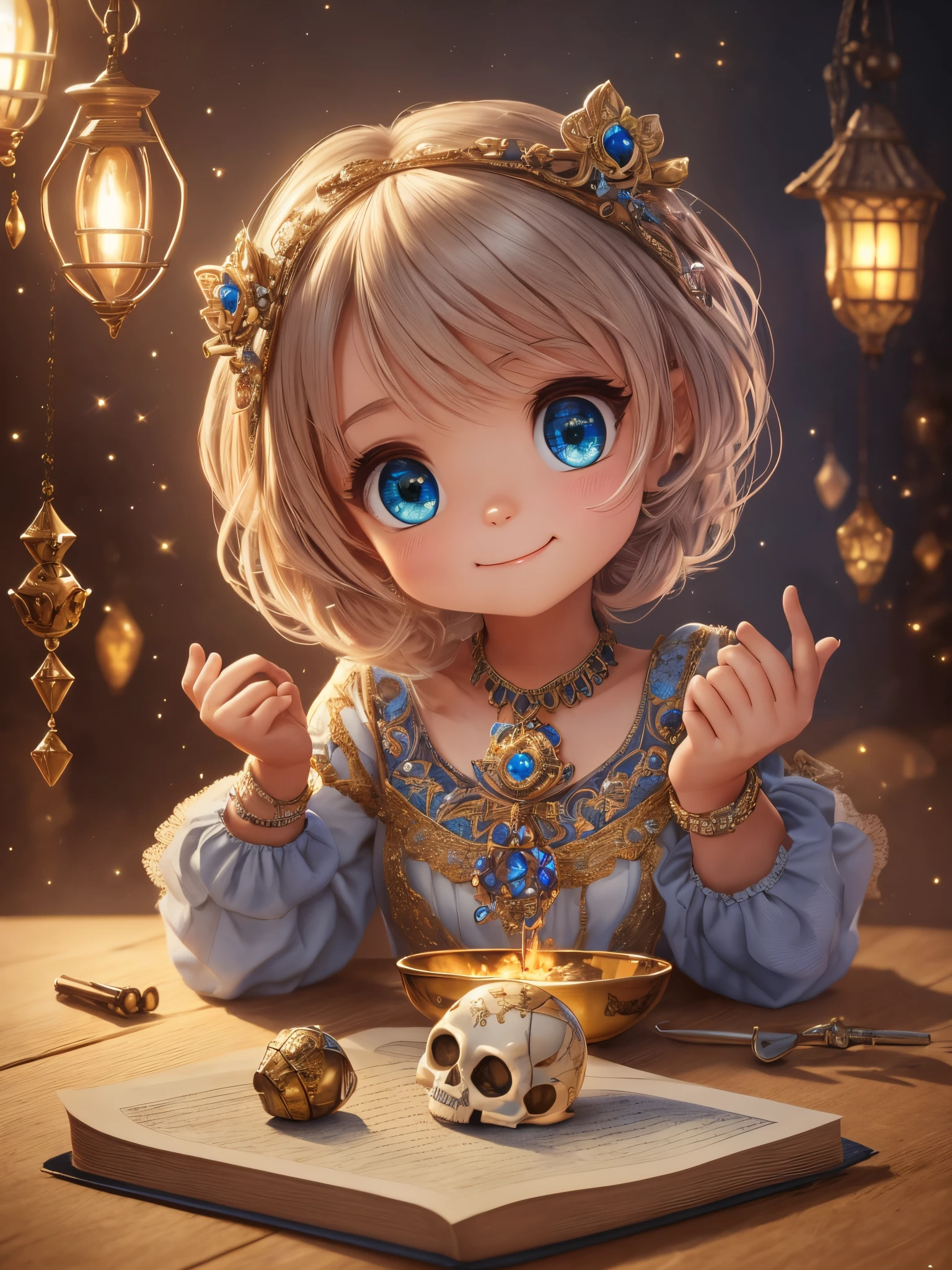 (best quality,4k,8k,Altas,master part:1.2), ultra-detalhado, (Realistic,fotorrealista,photo-realistic:1.37), mini chibi skull appearance, fofo, bem detalhado, Estilo DreamWorks Pixar, em um ambiente escuro com luz direcionada, extremamente bem detalhado, ambiente escuro, luz direcionada, atmosfera de sonho, cores vibrantes, sombras suaves, extravagant feeling, magical ambiance, playful expression, Detalhes bem trabalhados, texturas intrincadas, sombreamento meticuloso, olhos brilhantes, adorable smile, animado e animado, Pixar Animation Quality, charme encantador, captivating presence, estilo imaginativo, tamanho pequeno e compacto, dreamlike scenery, Atmospheric Illumination, attention to facial features, expressive emotions, paleta colorida, detalhes de fundo intrincados, formas cuidadosamente esculpidas, Delicioso e envolvente --auto --s2