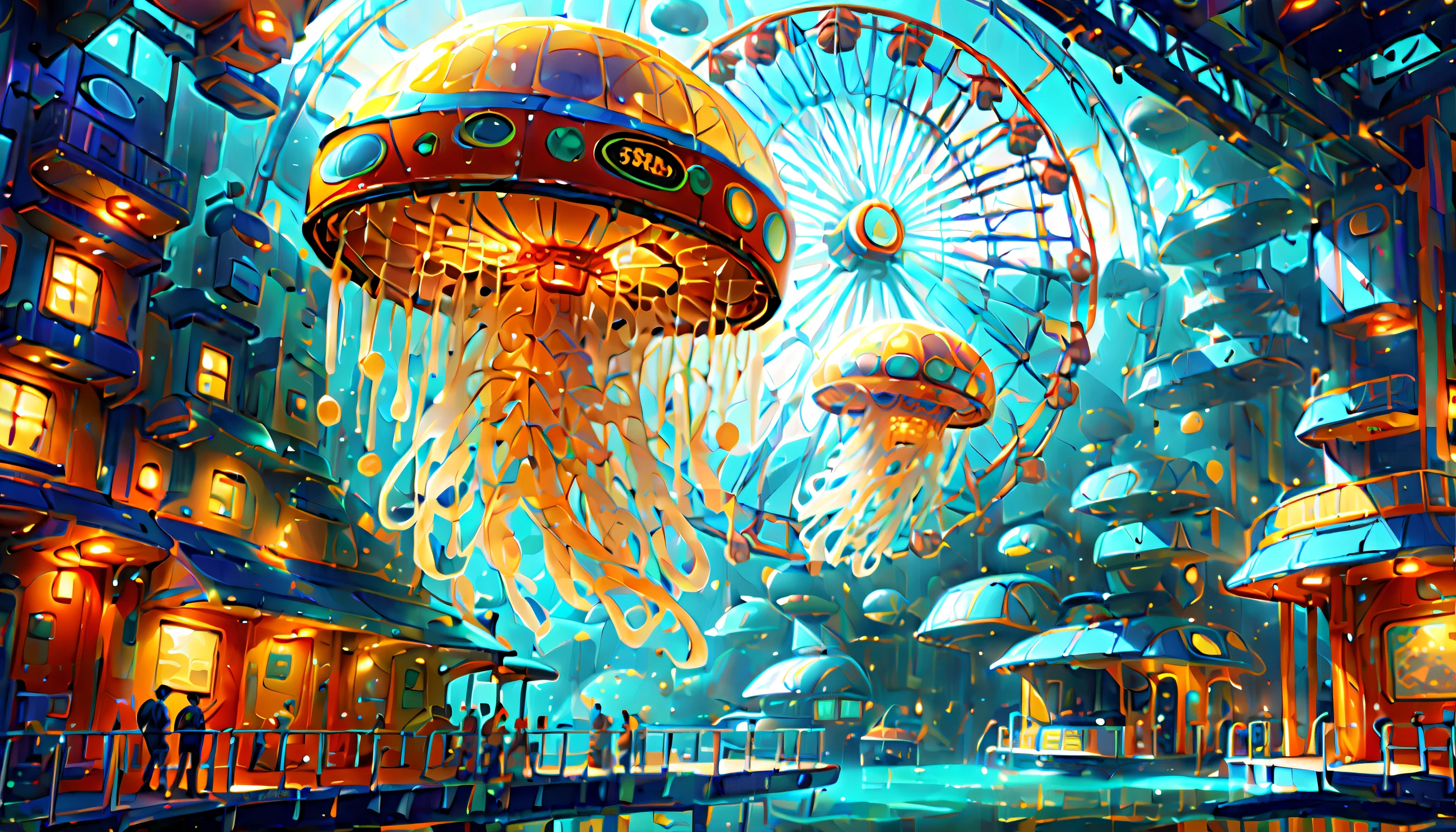 (((very detailed gouache painting:1.5))), (((deep sea futuristic_amusement_theme_A park integrated with an aquarium with extremely detailed gouache illustrations:1.4))), (((futuristic intricate details_Underwater futuristic sci-fi roller_coaster and ferris wheel_Wheel:1.4))), (((See breathtaking pop spectacles_color jellyfish street_light:1.3))), Its fantastic brilliance is captured in amazing detail.、Brought to life with unparalleled skill and craftsmanship。. Intricate details and textures in silver and gold metallics, Adorable expression, (((A true masterpiece of the highest quality:1.4))), Cool and cute, enjoy sculpture, Showcasing the artist's skillful brushwork. The artist's skillful brushwork was demonstrated, Intricate details, complex brush strokes, insane handwriting, Fine brushstrokes, (((High quality with high transparency:1.3))), (((highest quality render:1.3))), (((Everything comes into sharp focus:1.3))), Images that exude an otherworldly aura, (((Great addition digital painting:1.3))), (((Radiosity rendered in astonishing 32K resolution:1.4))), Highest Quality, hightquality, Highest Quality Masterpiece, Visually appealing and appealing images, Best possible quality, Everything in focus is sharp, extravagant wishes, The contour lines created give off an amazingly beautiful shine., breathtakingly complex and elaborate, Imagine a visually striking illustration, (((Intricate details effortlessly blend fantasy and reality:1.5))),