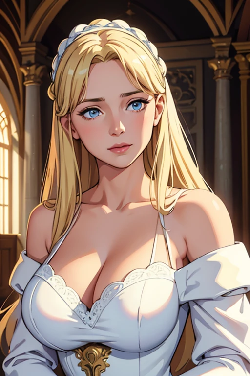 high res, 1girl, elegant medieval mother, long hair, light blonde hair, parted bang, light blue eyes, loose white dress, wide shoulder, inside castle, big breast, cleavage, a mother, motherly face, portraits, soft lighting, vibrant colors