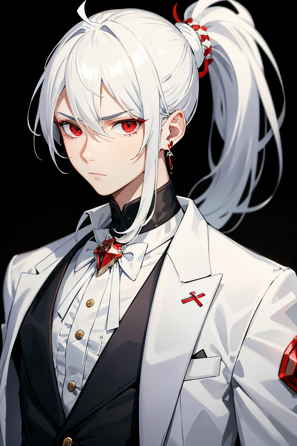 Young boy with white hair a ponytail, sharp and red eyes, a White Jacket, with an earring on his left ear, good psyche, serious face