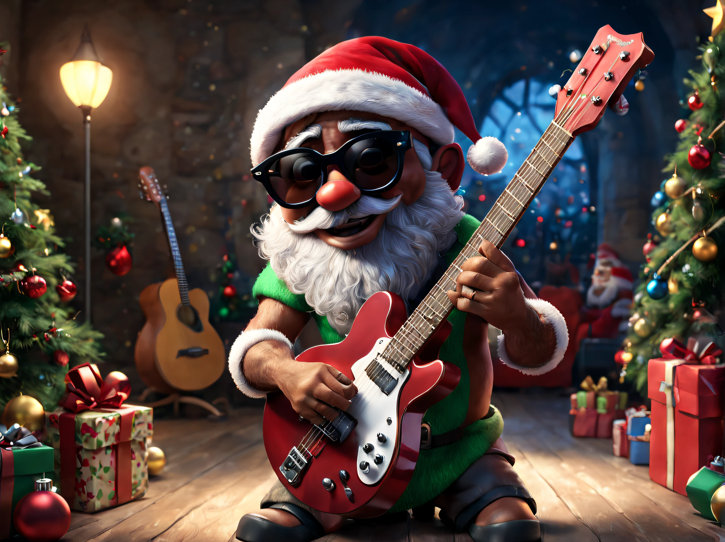 illuminations, The main part, photorealistic 3d render, Disney Pixar style, Uma Pedra Papai Noel Aparese, plays the guitar, wears dark glasses,Unique styling combines the magic of Christmas with the rebellious style of rock 'n' roll 'n' volume. 8k ultra high definition. Cinematic