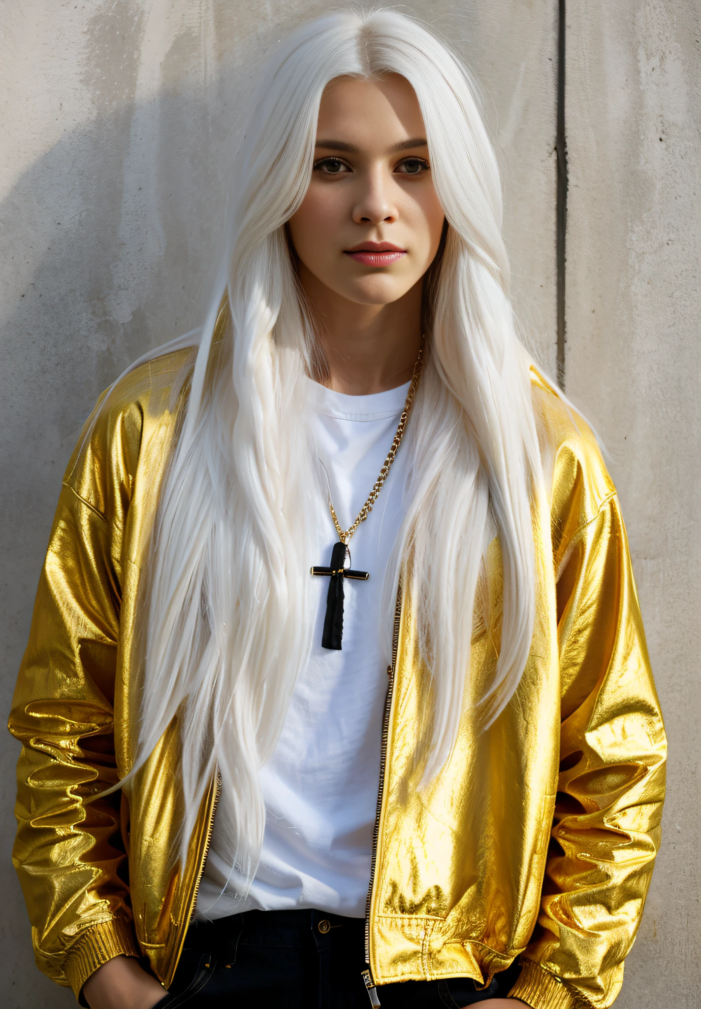 long white hair, golden jacket, hyper realistic.