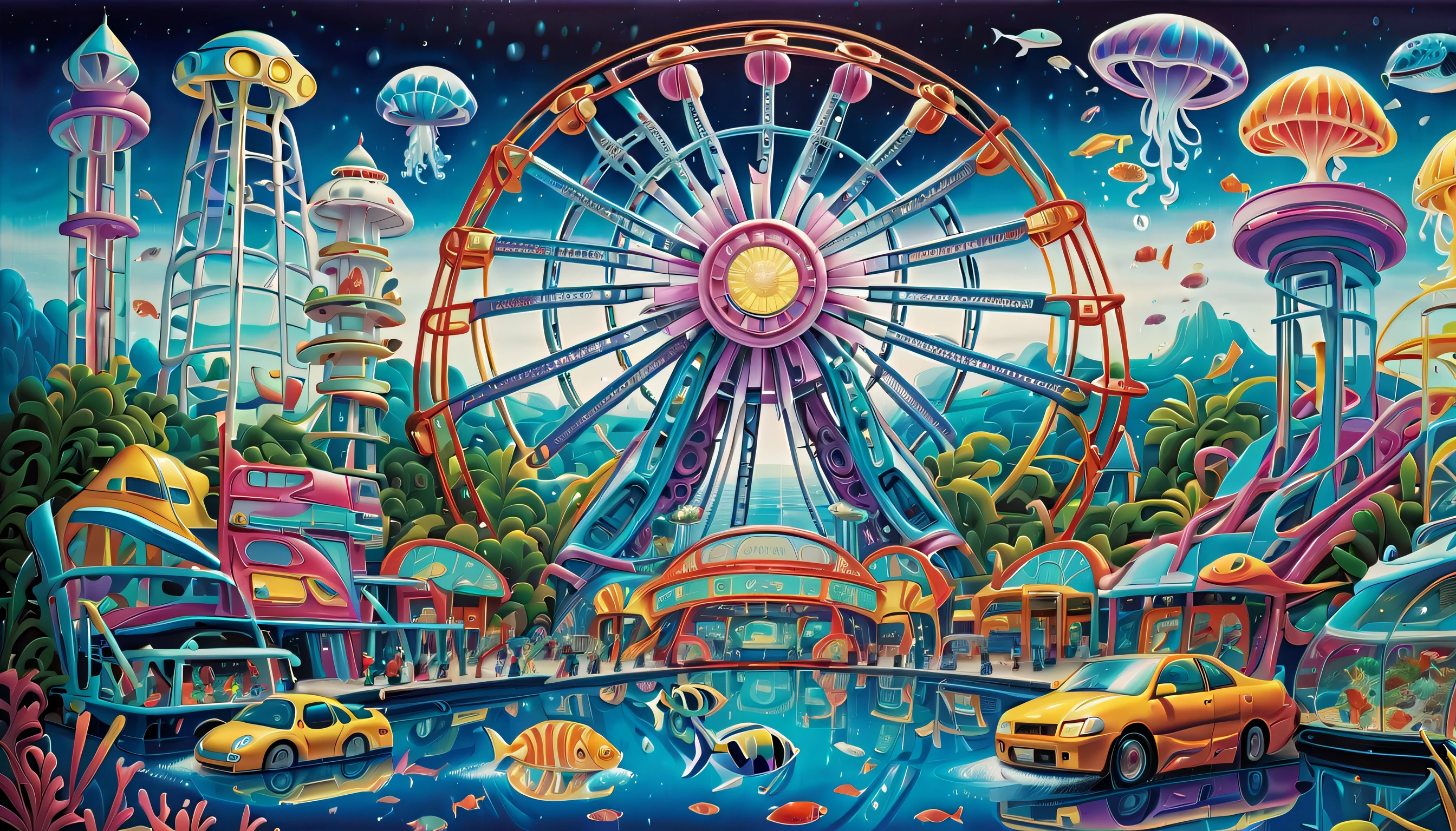 (((very detailed gouache painting:1.5))), (((deep sea futuristic_amusement_theme_A park integrated with an aquarium with extremely detailed gouache illustrations:1.4))), (((futuristic intricate details_Underwater futuristic sci-fi roller_coaster and ferris wheel_Wheel:1.4))), (((See breathtaking pop spectacles_color jellyfish street_light:1.3))), Its fantastic brilliance is captured in amazing detail.、Brought to life with unparalleled skill and craftsmanship。. Intricate details and textures in silver and gold metallics, Adorable expression, (((A true masterpiece of the highest quality:1.4))), Cool and cute, enjoy sculpture, Showcasing the artist&#39;s skillful brushwork. The artist&#39;s skillful brushwork was demonstrated, Intricate details, complex brush strokes, insane handwriting, Fine brushstrokes, (((High quality with high transparency:1.3))), (((highest quality render:1.3))), (((Everything comes into sharp focus:1.3))), Images that exude an otherworldly aura, (((Great addition digital painting:1.3))), (((Radiosity rendered in astonishing 32K resolution:1.4))), Highest Quality, hightquality, Highest Quality Masterpiece, Visually appealing and appealing images, Best possible quality, Everything in focus is sharp, extravagant wishes, The contour lines created give off an amazingly beautiful shine., breathtakingly complex and elaborate, Imagine a visually striking illustration, (((Intricate details effortlessly blend fantasy and reality:1.5))),