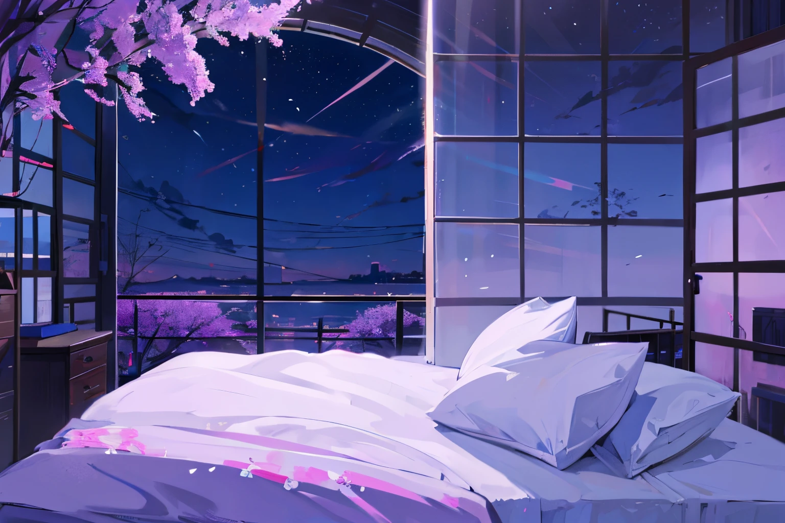 fondo de habitacion anime, azul oscuro, noche, cortinas rosadas, y lilas, hermoso fondo, de almohadas, y peluches, estrellas, fondo anime, detallado,