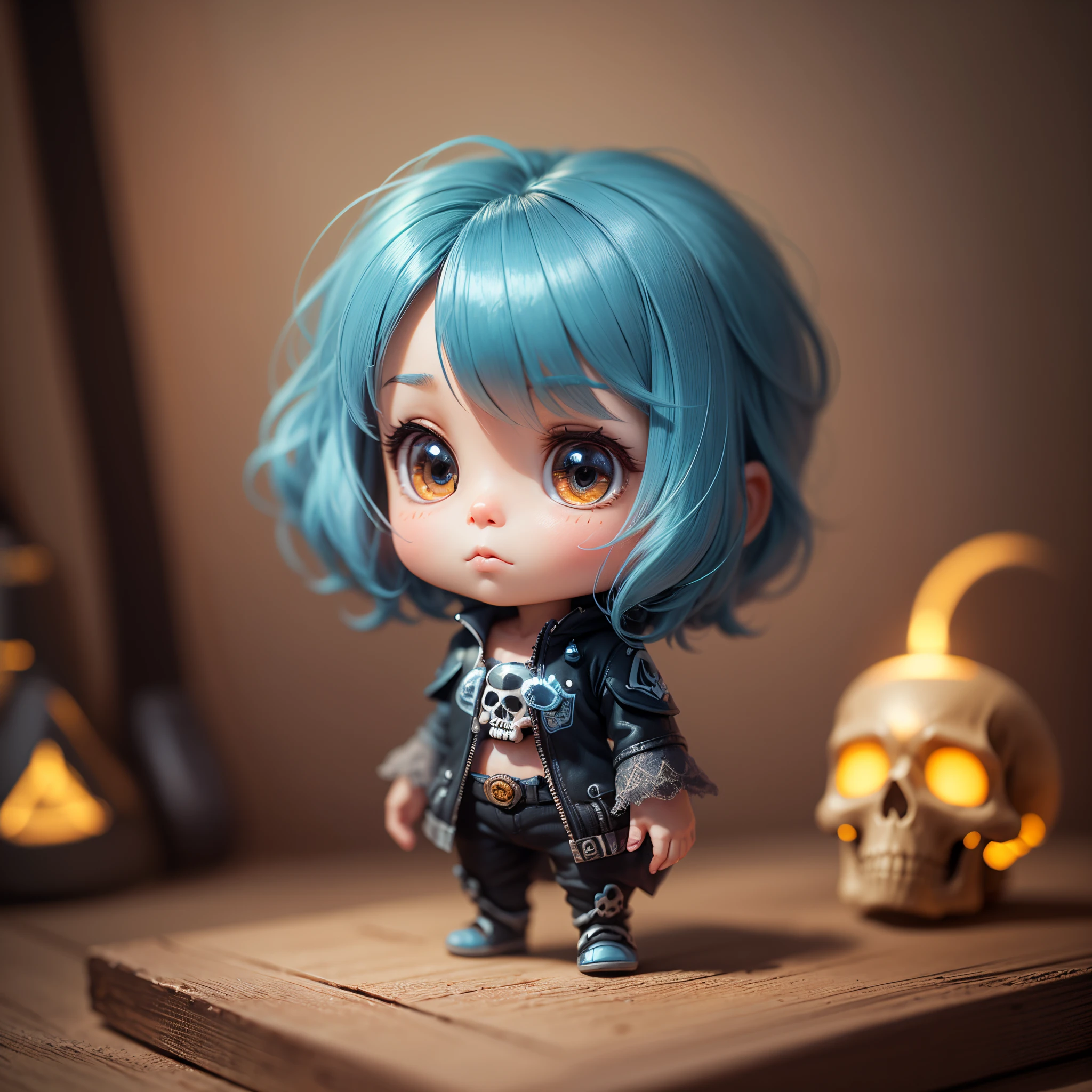 (best quality, fofo, bem detalhado, Estilo DreamWorks Pixar:1.1),mini chibi skull appearance, em um ambiente escuro com luz direcionada, extremamente bem detalhado, cores vibrantes,Bokeh,studio lighting --auto --s2