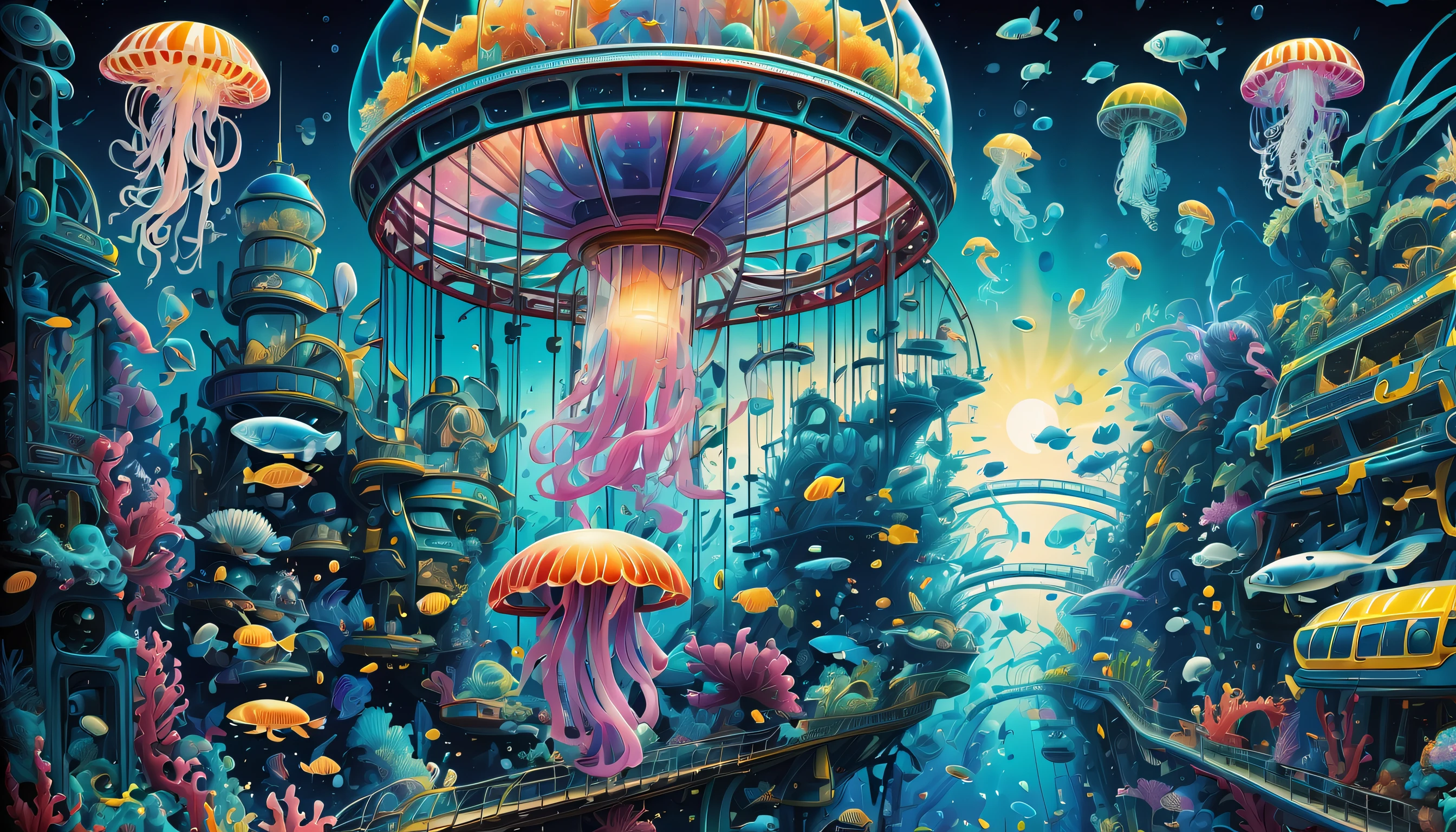 very detailed gouache painting, (((deep sea futuristic_theme_A park integrated with an aquarium with extremely detailed gouache illustrations:1.4))), (((futuristic intricate details_underwater futuristic_SF_roller_coaster and ferris wheel_Wheel:1.4))), (((See breathtaking pop spectacles_color jellyfish street_light:1.3))), Its fantastic brilliance is captured in amazing detail.、Brought to life with unparalleled skill and craftsmanship。. Intricate details and textures in silver and gold metallics, Adorable expression, (((A true masterpiece of the highest quality:1.4))), Cool and cute, enjoy sculpture, Showcasing the artist's skillful brushwork. The artist's skillful brushwork was demonstrated, Intricate details, complex brush strokes, insane handwriting, Fine brushstrokes, (((High quality with high transparency:1.3))), (((highest quality render:1.3))), (((Everything comes into sharp focus:1.3))), Images that exude an otherworldly aura, (((Great addition digital painting:1.3))), (((Radiosity rendered in astonishing 32K resolution:1.4))), Highest Quality, hightquality, Highest Quality Masterpiece, Visually appealing and appealing images, Best possible quality, Everything in focus is sharp, extravagant wishes, The contour lines created give off an amazingly beautiful shine., breathtakingly complex and elaborate, Imagine a visually striking illustration, (((Intricate details effortlessly blend fantasy and reality:1.5))),