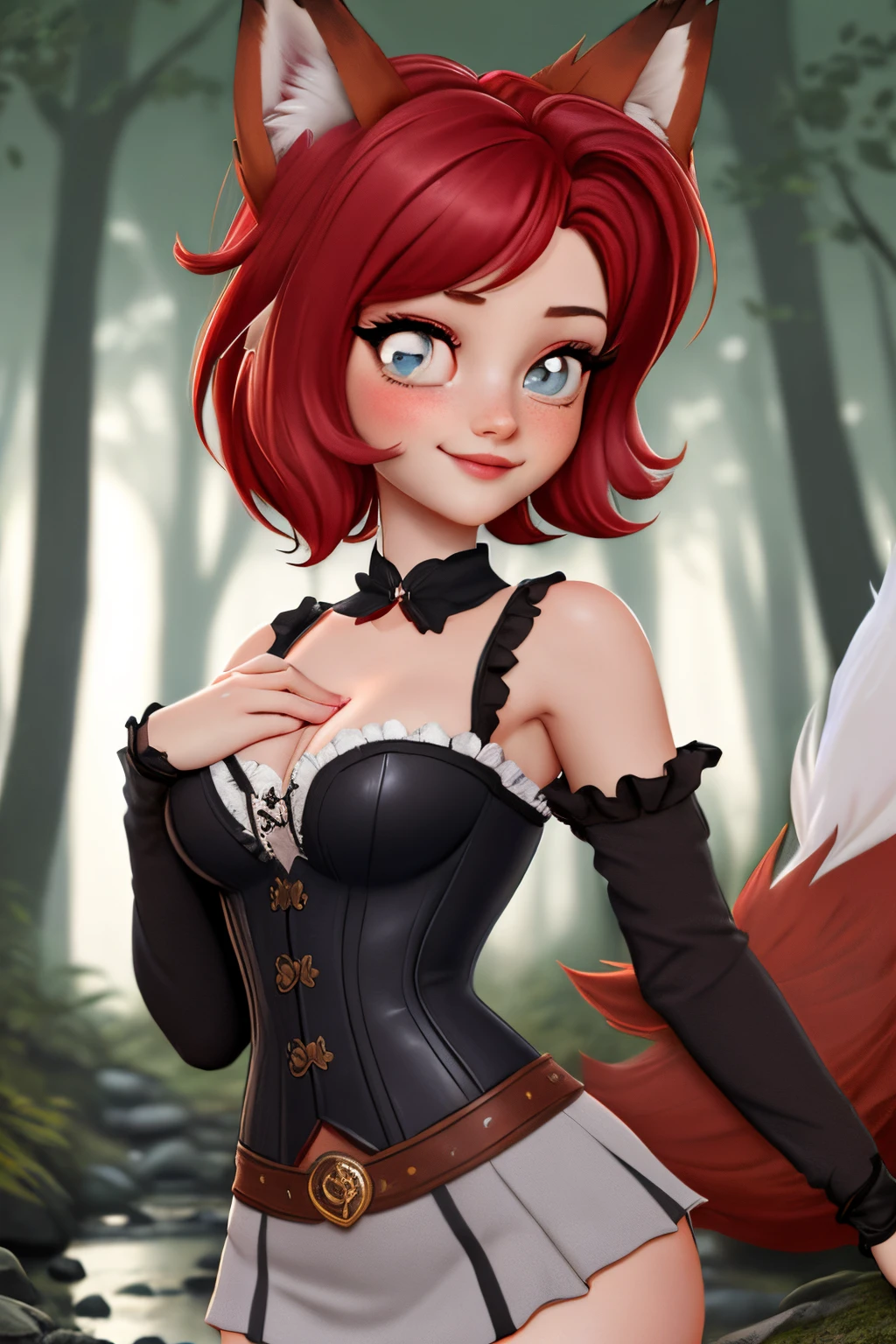 close up 1girl in, teenager, Solo, (undercut red hair: 1.28), ((light gray eyes)), some small freckles, (dark fox ears:1.35), pale skin, medium breasts, cleavage, (thin hips, thin waist: 1.25), (arched back:1.12), detailed skin, mischievous face, shy smile, revealing clothes, (wearing short dress, corset: 1.1), looking at viewer, (groping chest: 1.34), (sexy pose: 1.22), (detailed magical forest background:1.1), creek, overlooking opening in forest, relaxing, 4k textures, soft light, elegant, highly detailed, sharp focus, soothing tones, insane details, intricate details, hyperdetailed, low contrast, exposure blend, hdr, faded