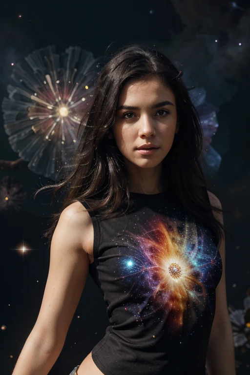 (best quality, masterpiece), 1girl, pose, particle, wind, flower, upper body, simple background, looking at viewer, black wildly hair, cosmic, nebulas, galaxy