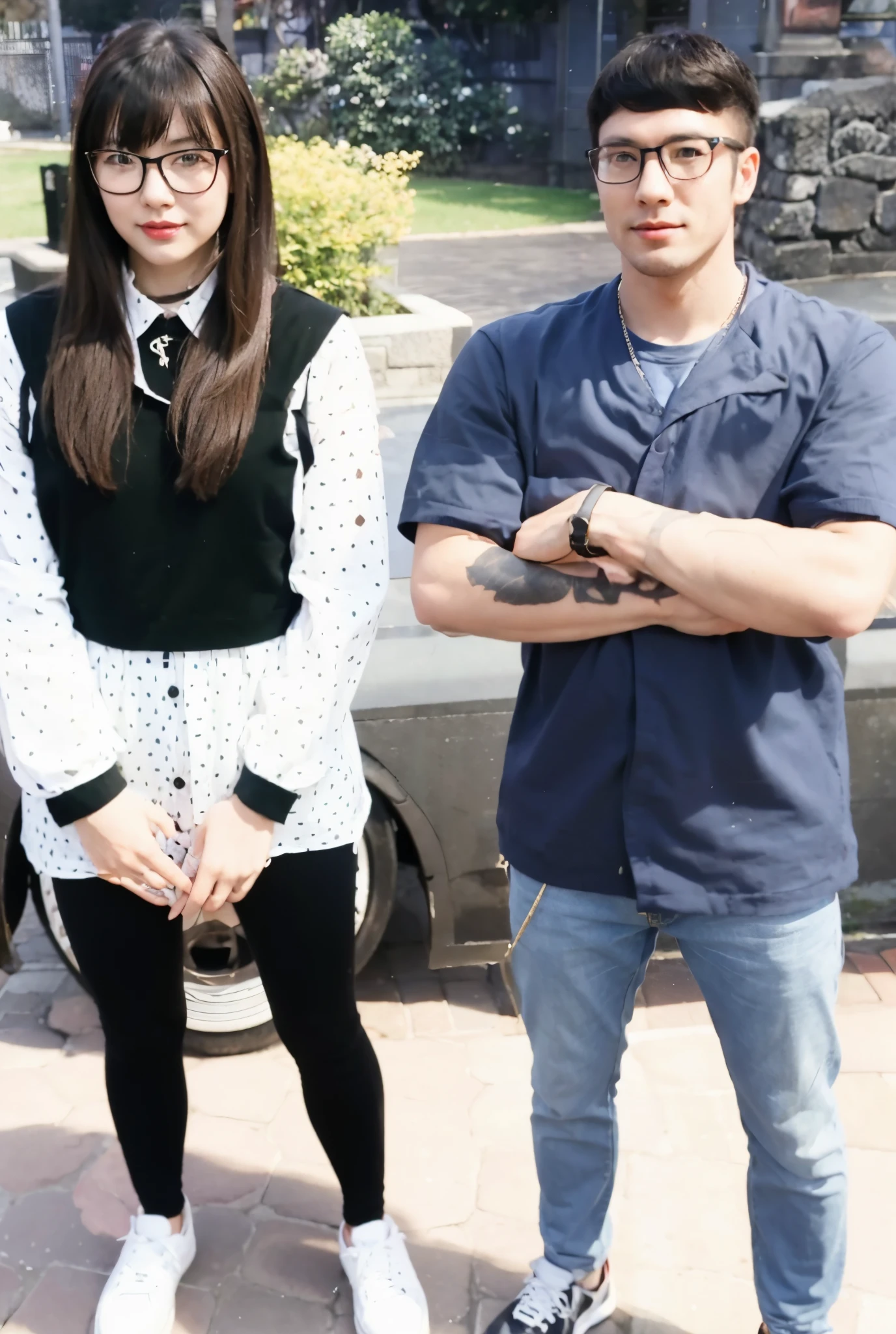 Real cute Japan girl with red lips and glasses and British handsome man with glasses