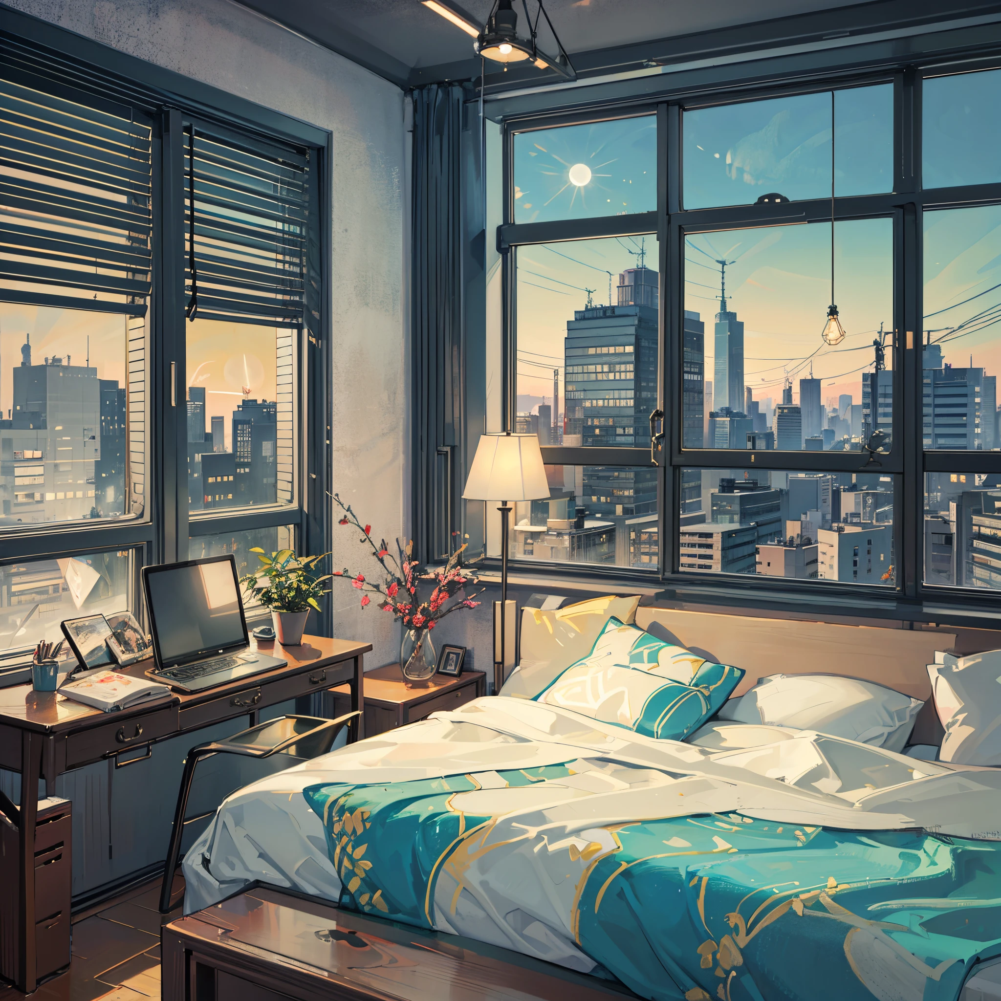 Inside a quiet studio apartment. There is a subtle light flowing and it is on the bed. There is a window in front of you that you can see outside, and you can see the view reflected in the moonlight. There is a desk under the window and cute props are arranged. --auto --s2
