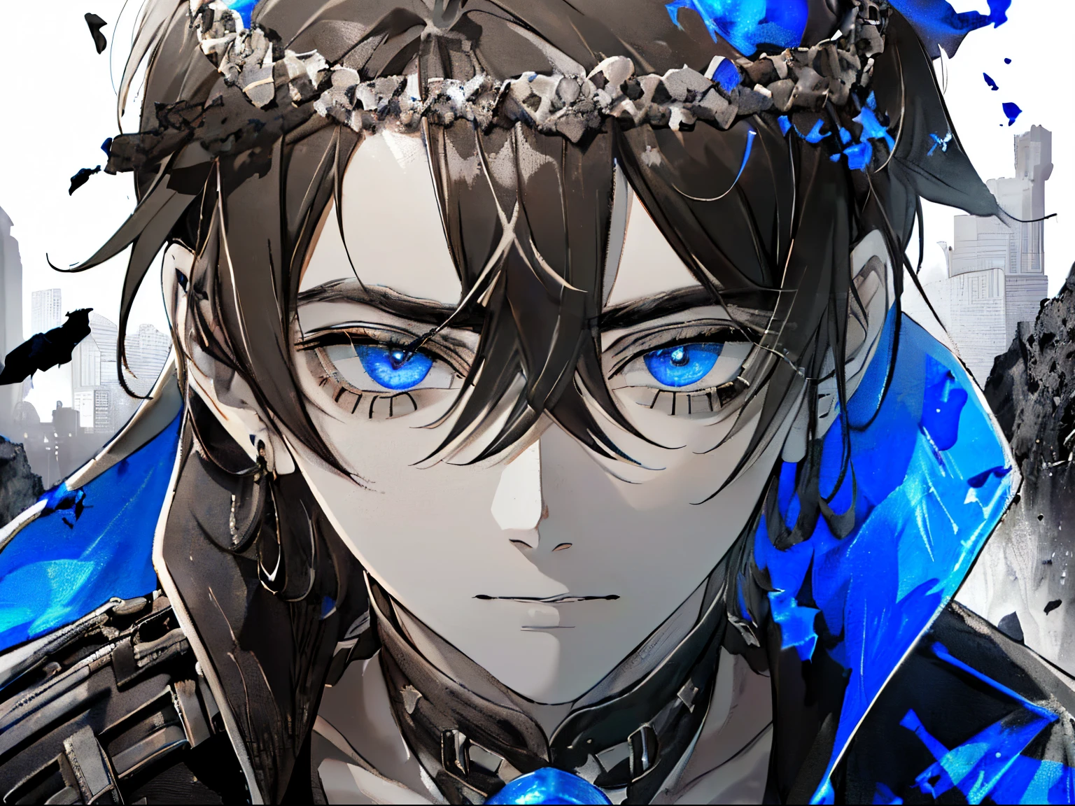 ((A ruined city full of rubble)),(After the war),((Vast landscape full of rubble)),(boy wearing tattered clothes),((Soot-stained hair mixed with silver and black)),(Lifeless eyes),((sit on the ground holding both knees)),((look up at me as if glaring at me)),(deadpan),((Dark and cloudy lapis lazuli eyes)),((Monochrome world)),((black and gray and white and brown)),((close up of face))