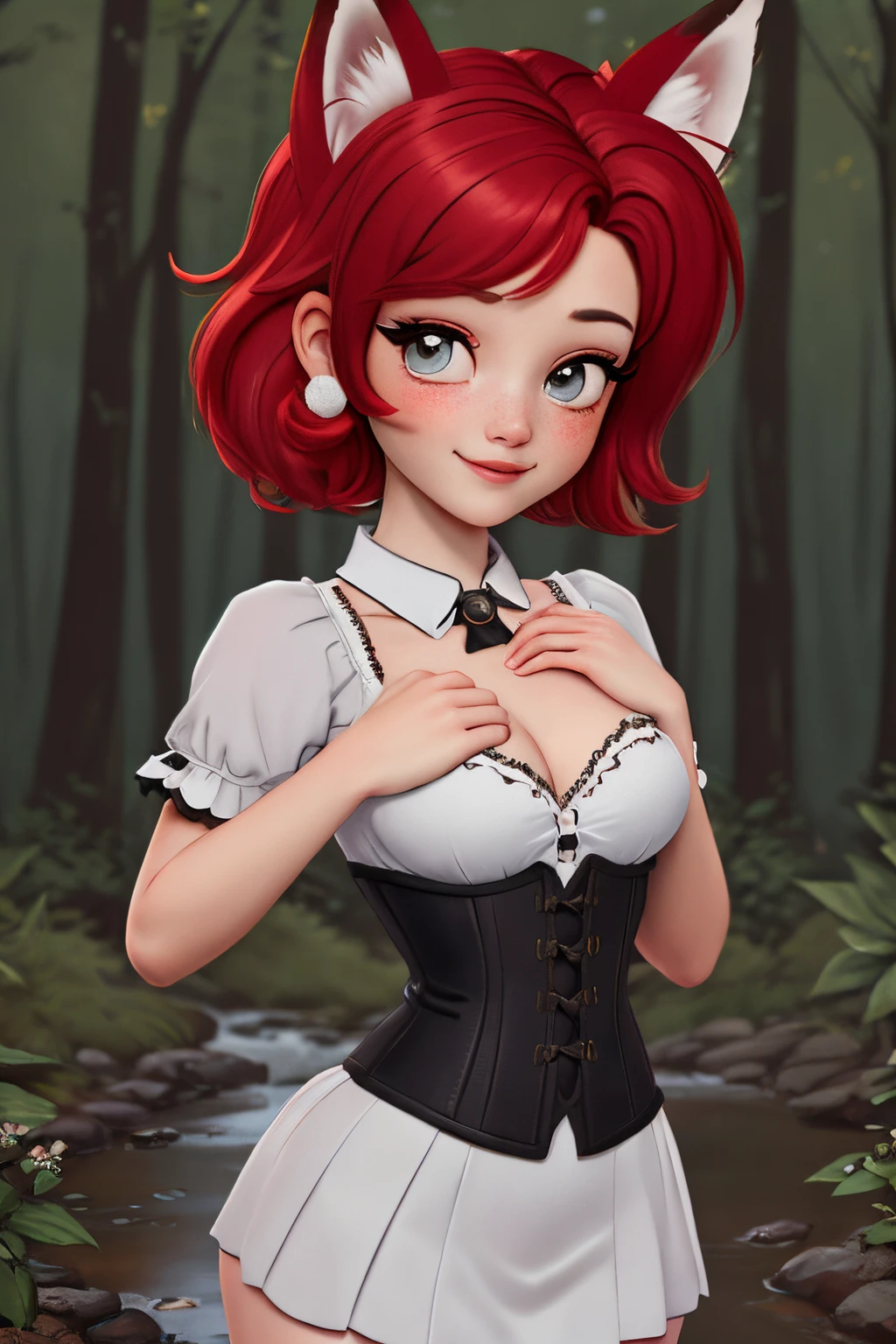close up 1girl in, teenager, Solo, (undercut red hair: 1.28), ((light gray eyes)), some small freckles, (dark fox ears:1.35), pale skin, medium breasts, cleavage, (thin hips, thin waist: 1.25), (arched back:1.12), detailed skin, mischievous face, shy smile, revealing clothes, (wearing short dress, corset: 1.1), looking at viewer, (groping chest: 1.34), (sexy pose: 1.22), (detailed magical forest background:1.1), creek, overlooking opening in forest, relaxing, 4k textures, soft light, elegant, highly detailed, sharp focus, soothing tones, insane details, intricate details, hyperdetailed, low contrast, exposure blend, hdr, faded