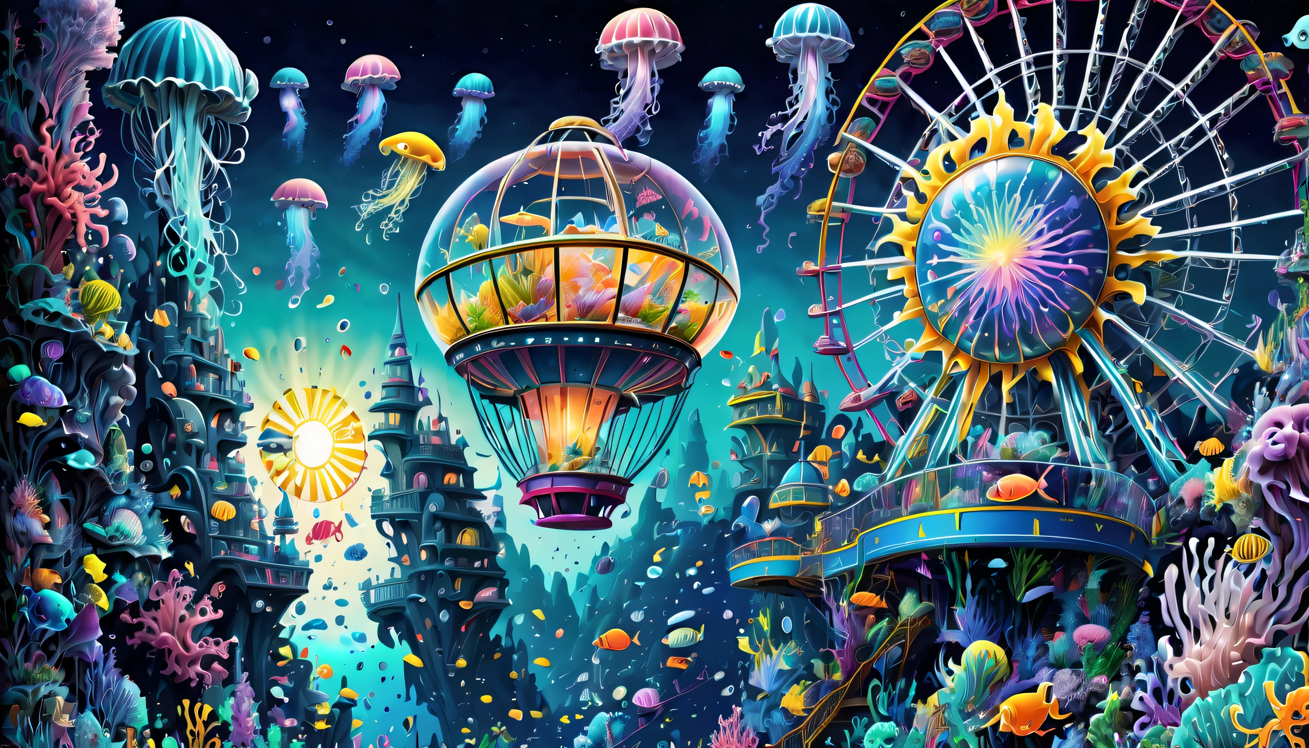 very detailed gouache painting, (((deep sea futuristic_theme_A park integrated with an aquarium with extremely detailed gouache illustrations:1.4))), (((futuristic intricate details_underwater futuristic_SF_roller_coaster and ferris wheel_Wheel:1.4))), (((See breathtaking pop spectacles_color jellyfish street_light:1.3))), Its fantastic brilliance is captured in amazing detail.、Brought to life with unparalleled skill and craftsmanship。. Intricate details and textures in silver and gold metallics, Adorable expression, (((A true masterpiece of the highest quality:1.4))), Cool and cute, enjoy sculpture, Showcasing the artist's skillful brushwork. The artist's skillful brushwork was demonstrated, Intricate details, complex brush strokes, insane handwriting, Fine brushstrokes, (((High quality with high transparency:1.3))), (((highest quality render:1.3))), (((Everything comes into sharp focus:1.3))), Images that exude an otherworldly aura, (((Great addition digital painting:1.3))), (((Radiosity rendered in astonishing 32K resolution:1.4))), Highest Quality, hightquality, Highest Quality Masterpiece, Visually appealing and appealing images, Best possible quality, Everything in focus is sharp, extravagant wishes, The contour lines created give off an amazingly beautiful shine., breathtakingly complex and elaborate, Imagine a visually striking illustration, (((Intricate details effortlessly blend fantasy and reality:1.5))),