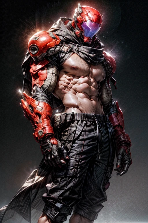 , science fiction helmet, science fiction shoulder armor, Panorama, a young male model, half naked, bareleg, barefoot, shooting advertisement, black boxer pants, abs, poss, domineering look, standing, white background, spotlight, nipples, nipples