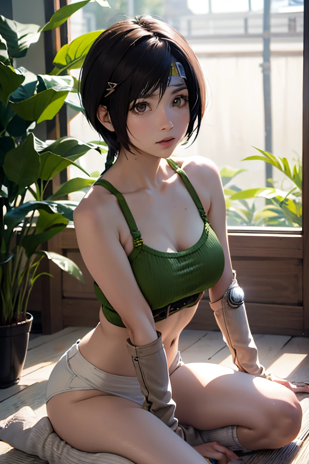 (yuffie kisaragi, final fantasy 7, absurdos, Altas, ultra detalhado), (cinemactic), (UHD), sozinho, primavera, Jardim, boca fechada, (cinemactic, best quality, UHD), ((Arte Oficial)), ((Arte Pop))Perfil, Cabana simples, Rosto detalhado, (olhos extremamente detalhados), ((nobreza))