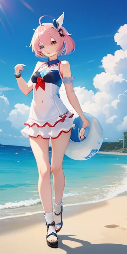 Honkai Three's Ci'er,Clear sky,Wearing a swimsuit by the sea,There is one at her feet,sandcastle,He has a hearty smile,looking at you,It seems that if you tell me to come quickly,