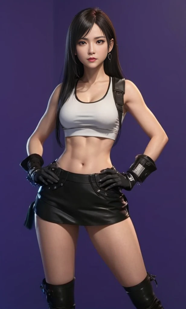 (best quality,ultra-detalhado),(Realistic:1.37),Tifa Lockhart, Rosto bonito e detalhado, maquiagem preta nos olhos, expression serious, textura ultra realista, rosto delicado, corpo delicado, Fit physique, usando batom e brilho labial