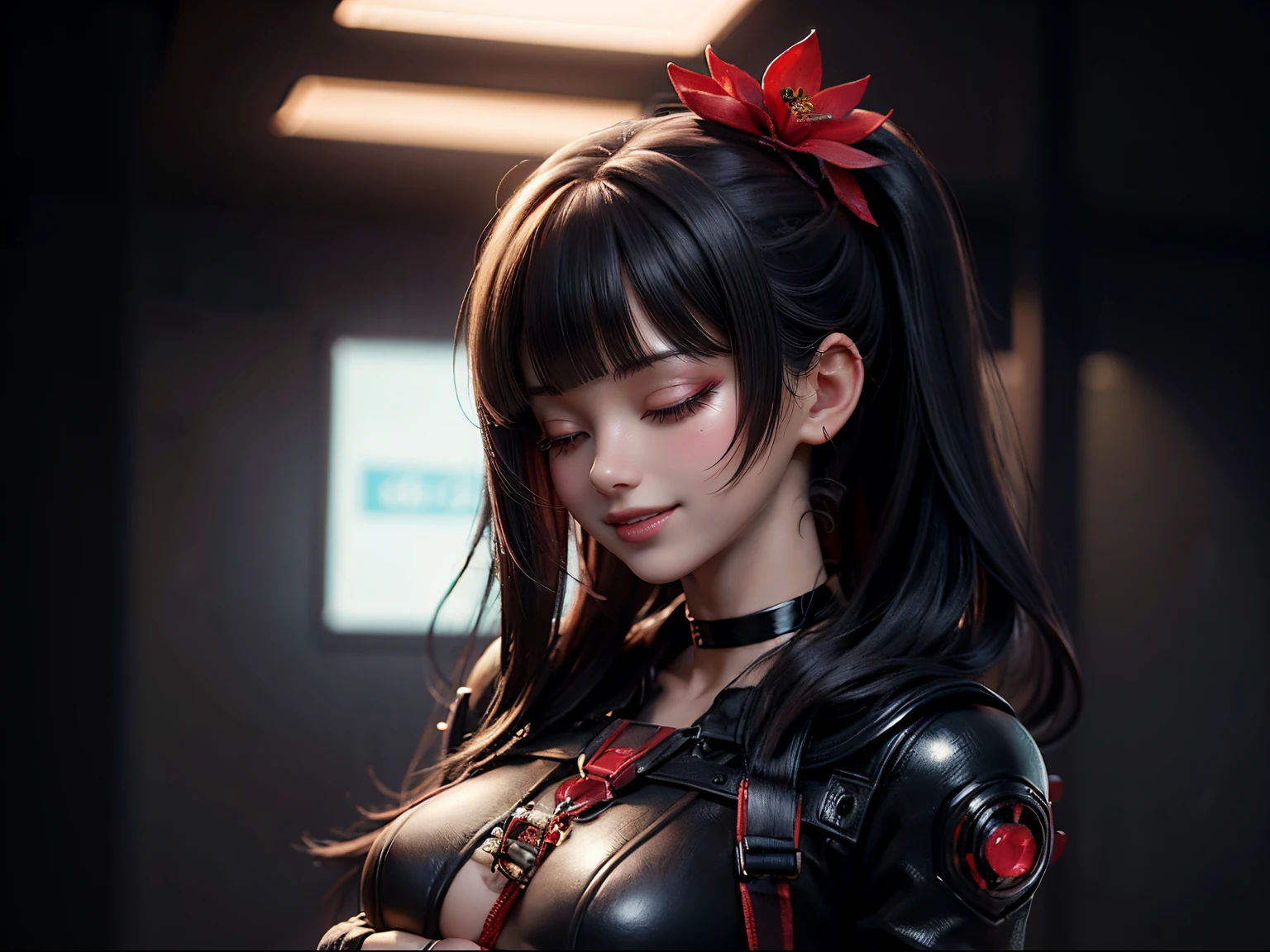 Beautiful girl with straight black hair, Blunt bangs、Red Flower Hair Ornament、Black choker around the neck、Black bondage suit、Cyberpunk of the future、Office of the future、close your eyes and laugh, Open-mouthed smile、 Full body, Side view