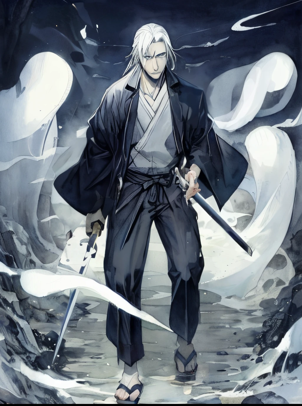 watercolor paiting,analog manga,Only eyes,Anime character with sword standing in white smoke cave, 4 k manga wallpaper, badass anime 8 K, Best anime demon slayer art handsome man, bleach manga style, Ninja with water wave sword, from kenshin, sword holding, The waiter is a wanderer,