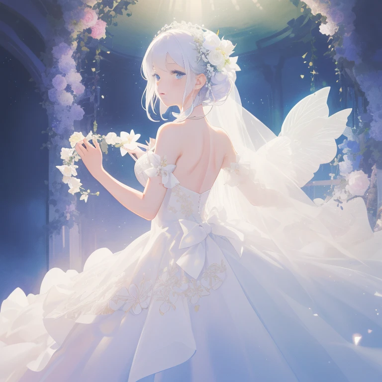 (top-quality、hight resolution、masterpiece)、There is a wedding dress with lights on the mannequin stand、A dream world where a beautiful woman wears that dress、((Fantastical))、 translucent dress, white royal dress, Elegant white dress, fantasy dress, Elegant dress, magical dress, romantic dress, fantasy dress with intricate decoration, white dress with luxurious embroidery, Wearing a beautiful white, lady dress with glowing flowers, ethereal and dreamy, dream style, White Dress, embroidery, Backlight、amazing splash、Luminous、
