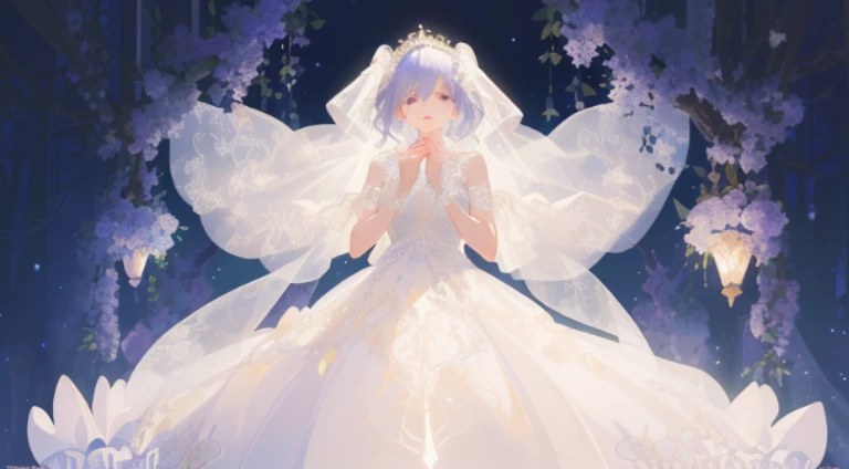(top-quality、hight resolution、masterpiece)、There is a wedding dress with lights on the mannequin stand、A dream world where a beautiful woman wears that dress、((Fantastical))、 translucent dress, white royal dress, Elegant white dress, fantasy dress, Elegant dress, magical dress, romantic dress, fantasy dress with intricate decoration, white dress with luxurious embroidery, Wearing a beautiful white, lady dress with glowing flowers, ethereal and dreamy, dream style, White Dress, embroidery, Backlight、amazing splash、Luminous、