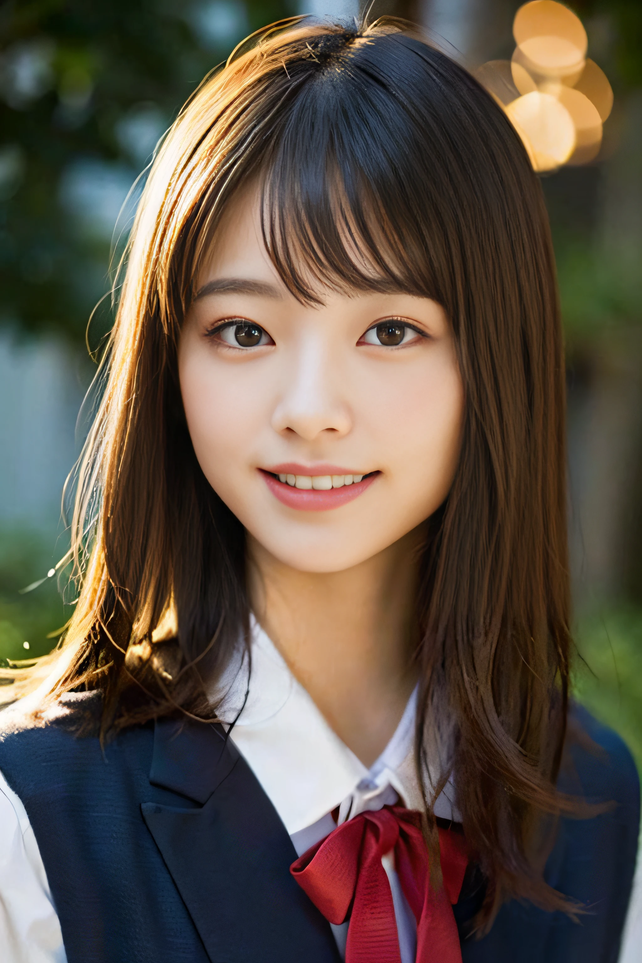 (8K、Raw photography、top-quality、​masterpiece:1.2)、(realisitic、Photorealsitic:1.37)、ultra-detailliert、超A high resolution、女の子1人、see the beholder、beautifull detailed face、A smile、Constriction、(Slim waist) :1.3)、Beautiful detailed skin、Skin Texture、Floating hair、Professional Lighting、Whole human body、Longhaire、a blond、japanese hight school uniform、hi-school girl、School route、autumnal、Colored leaves、Red ribbons、Bob Hair、Happy smile、Childish smile、Suppin