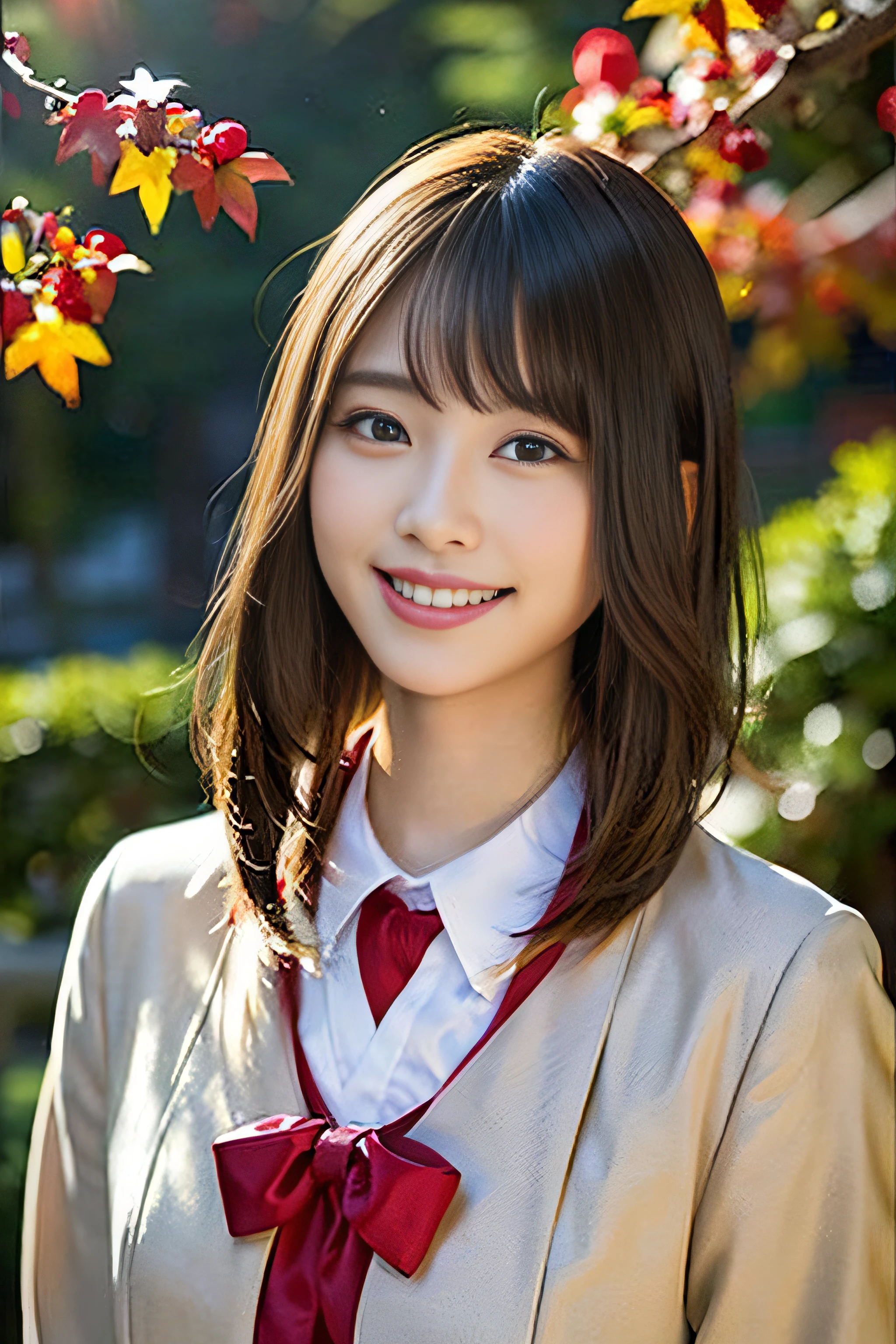 (8K、Raw photography、top-quality、masterpiece:1.2)、(realisitic、Photorealsitic:1.37)、ultra-detailliert、超A high resolution、女の子1人、see the beholder、beautifull detailed face、A smile、Constriction、(Slim waist) :1.3)、Beautiful detailed skin、Skin Texture、Floating hair、Professional Lighting、Whole human body、Longhaire、a blond、japanese hight school uniform、hi-school girl、School route、autumnal、Colored leaves、Red ribbons、Bob Hair、Happy smile、Childish smile、Suppin