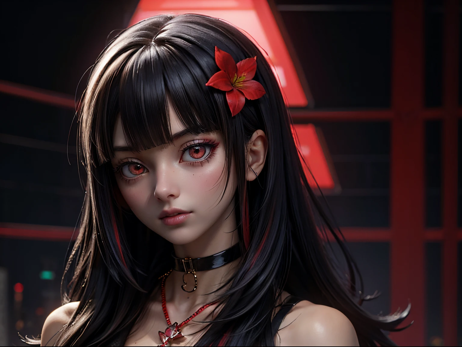 Beautiful girl with black straight hair, blunt bangs、Red Flower Hair Ornament、Black choker around the neck、Leather clothes with rainbow colored strings、Cyberpunk of the future、President's Secretary