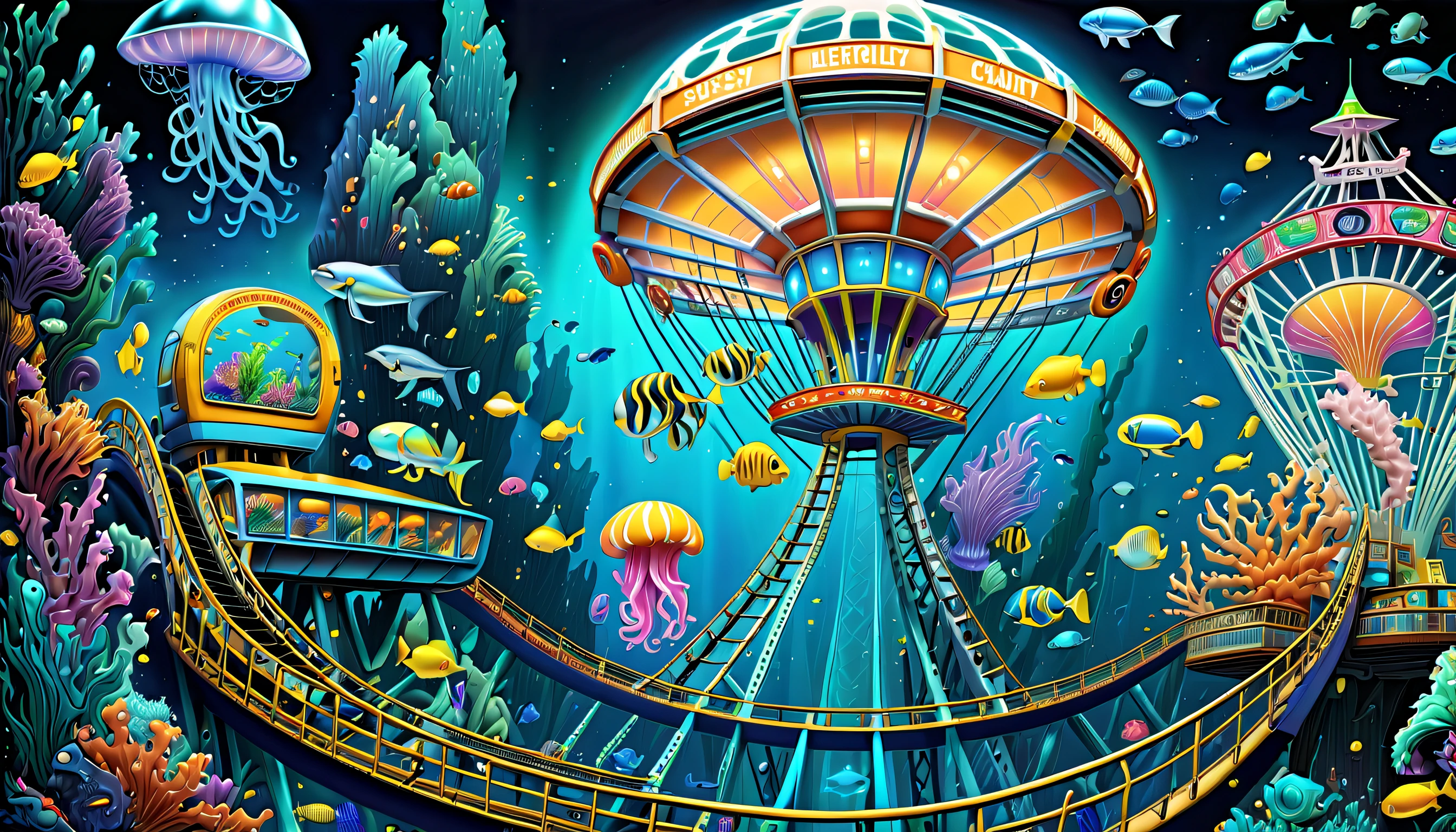 very detailed gouache painting, (((deep sea futuristic_theme_A park integrated with an aquarium with extremely detailed gouache illustrations:1.4))), (((futuristic intricate details_underwater futuristic_roller_coaster and ferris wheel_Wheel:1.4))), (((See breathtaking pop spectacles_color jellyfish street_light:1.3))), Its fantastic brilliance is captured in amazing detail.、Brought to life with unparalleled skill and craftsmanship。. Intricate details and textures in silver and gold metallics, Adorable expression, (((A true masterpiece of the highest quality:1.4))), Cool and cute, enjoy sculpture, Showcasing the artist's skillful brushwork. The artist's skillful brushwork was demonstrated, Intricate details, complex brush strokes, insane handwriting, Fine brushstrokes, (((High quality with high transparency:1.3))), (((highest quality render:1.3))), (((Everything comes into sharp focus:1.3))), Images that exude an otherworldly aura, (((Great addition digital painting:1.3))), (((Radiosity rendered in astonishing 32K resolution:1.4))), Highest Quality, hightquality, Highest Quality Masterpiece, Visually appealing and appealing images, Best possible quality, Everything in focus is sharp, extravagant wishes, The contour lines created give off an amazingly beautiful shine., breathtakingly complex and elaborate, Imagine a visually striking illustration, (((Intricate details effortlessly blend fantasy and reality:1.5))),