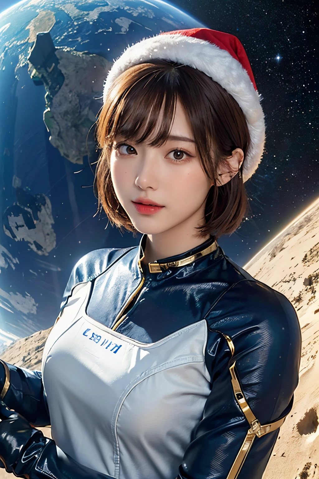top-quality、masterpiece、超A high resolution、(realisitic:1.4)、Beautuful Women1、Beautiful detail eyes and skin、ssmile、Light brown short-cut hair、The perfect spacesuit、spaceships、cosmic space、santa hat、