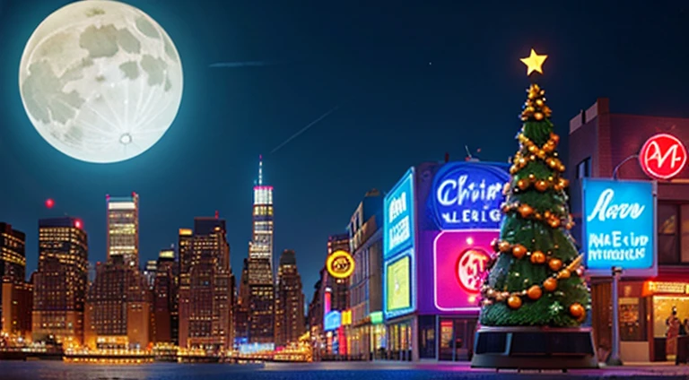 On the bright moon at night , new york city, Christmas Tree, Colorful neon signs,