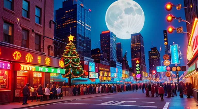 On the bright moon at night , new york city, Christmas Tree, Colorful neon signs,