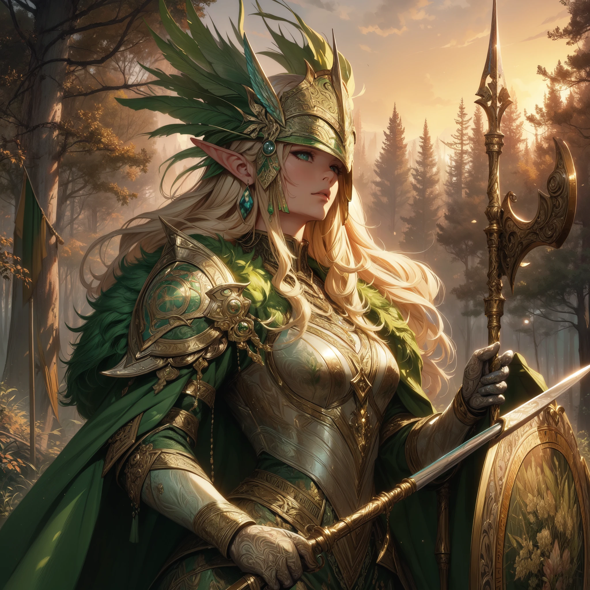 (((masterpiece))), (((best quality))), ((ultra-detailed)), (illustration), (detailed light), ((an extremely delicate and beautiful)), A Royal Female elf guard with long blonde hair wearing a majestic white green armor with green fabric and white armored plates which is covering her whole body with a long green fur cape with an golden helmet with a visor protecting the eyesight.(Wielding a spear and shield), (Muscular body), (well trained), (forest:1.3), (sunset:1.2), (realistic:1.5), (digital painting:1.4), (intricate details:1.1), (hyperdetailed:1.2), (faded:1.1), artstation by Yusuke Murata, Artgerm, Alphonse mucha, Luis royo